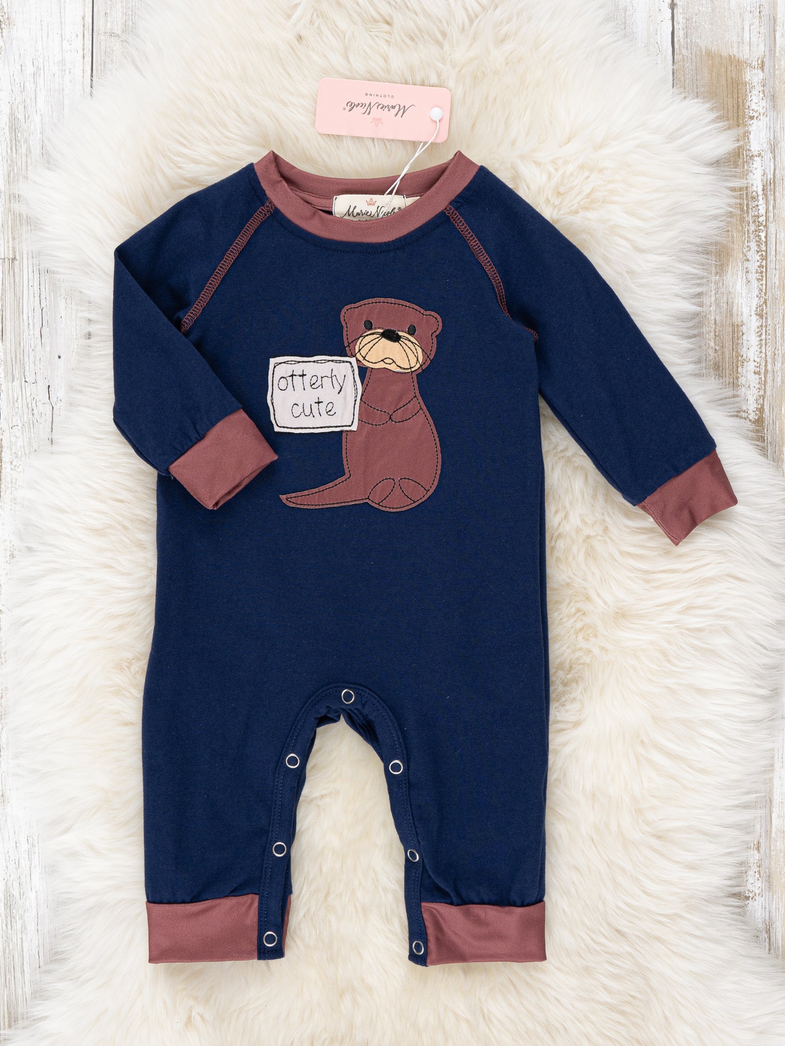 Navy & Brown Embroidered Otter Romper - Marie Nicole Clothing