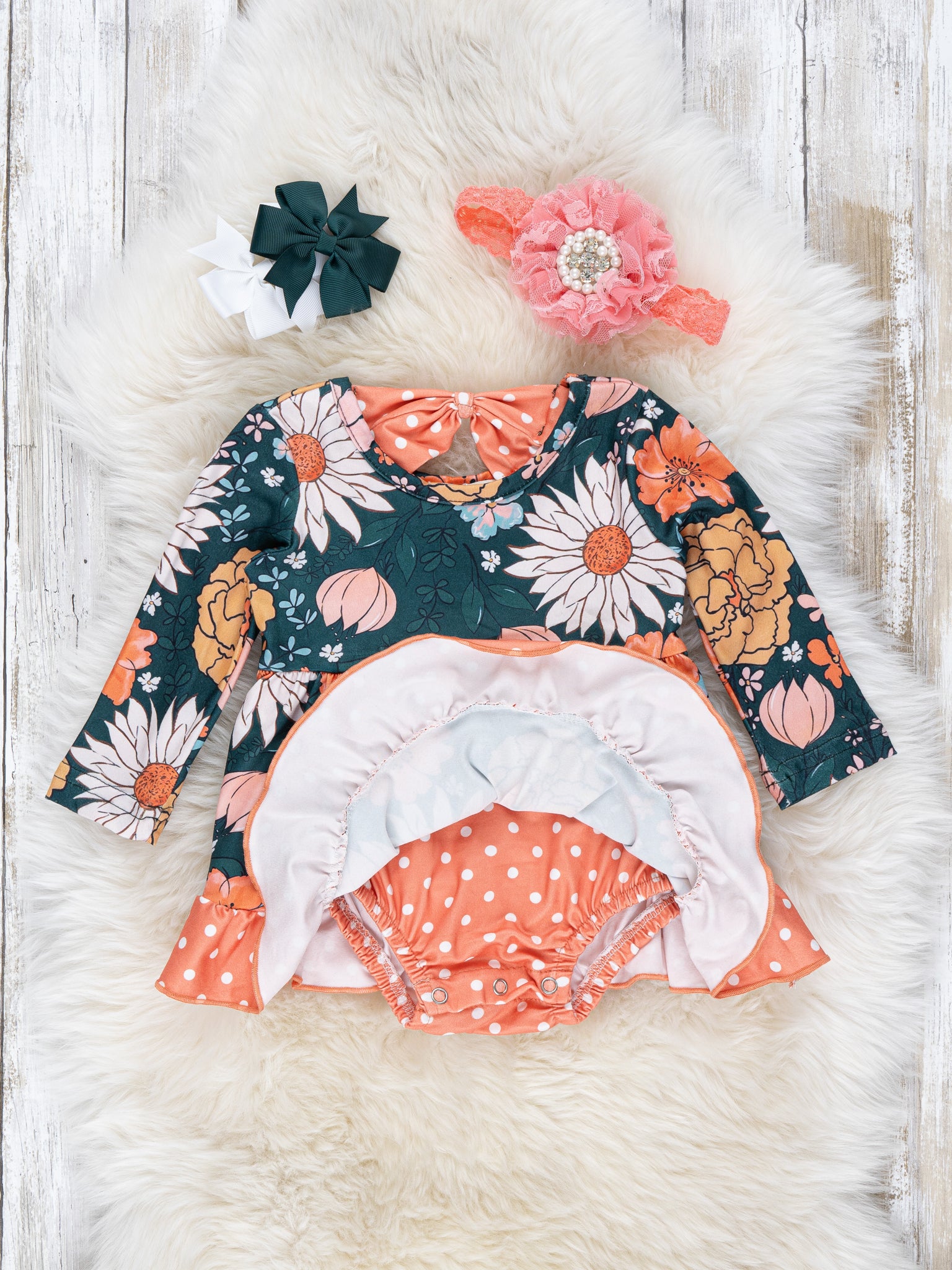 Forest Green Marigold Blooms Ruffle Romper - Marie Nicole Clothing