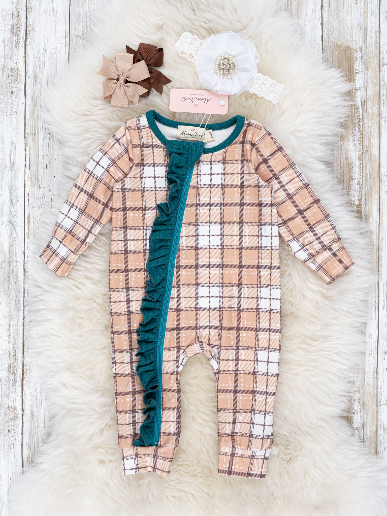 Teal & Tan Plaid Ruffle Sleeper Pajamas - Marie Nicole Clothing