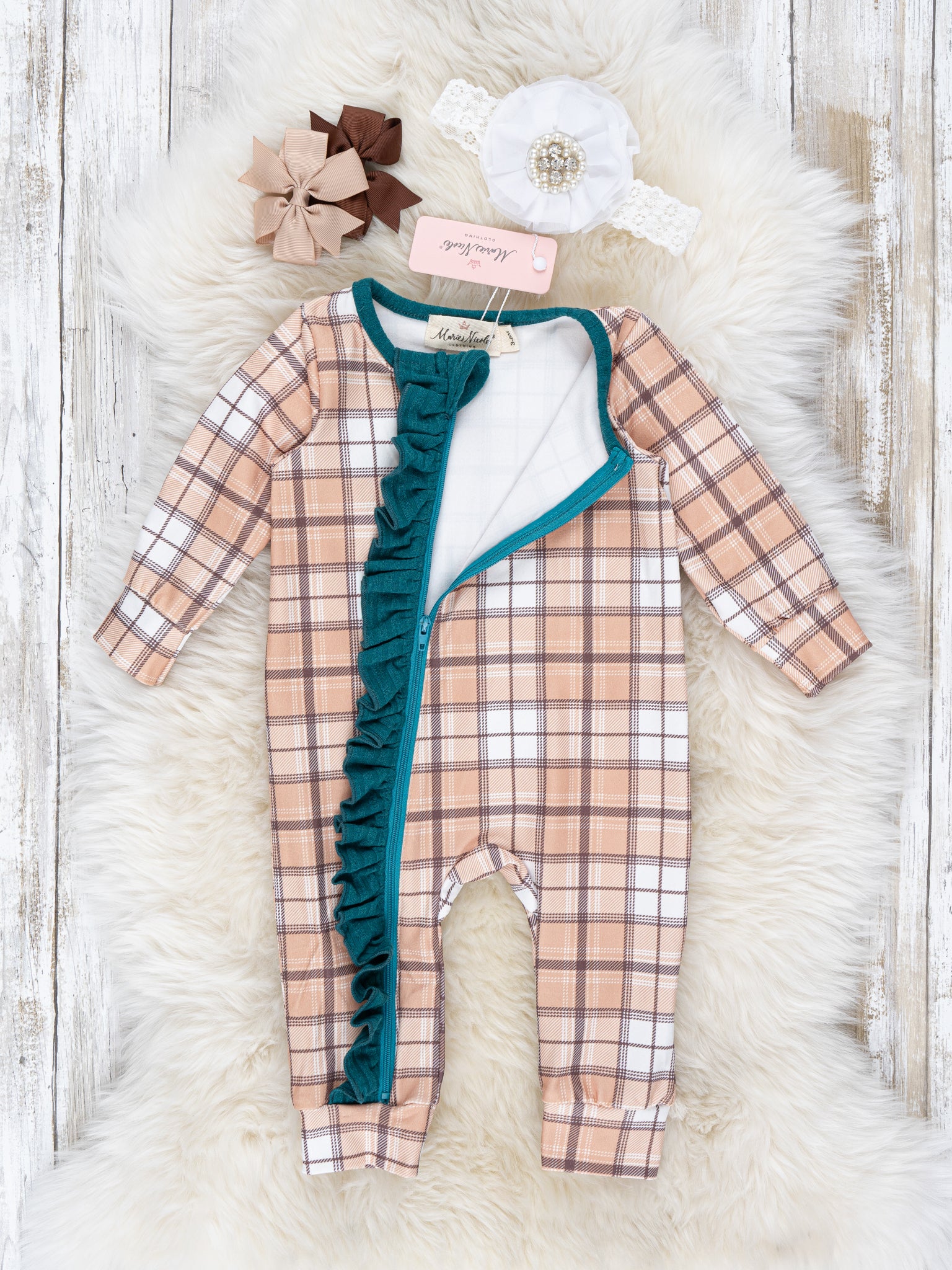 Teal & Tan Plaid Ruffle Sleeper Pajamas - Marie Nicole Clothing