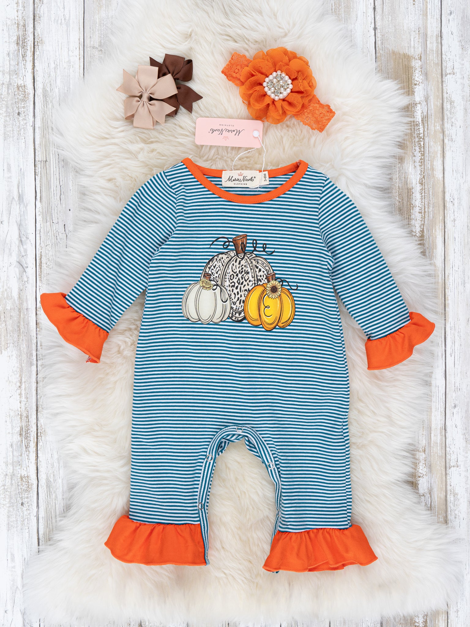 Teal Striped Pumpkin Ruffle Romper - Marie Nicole Clothing