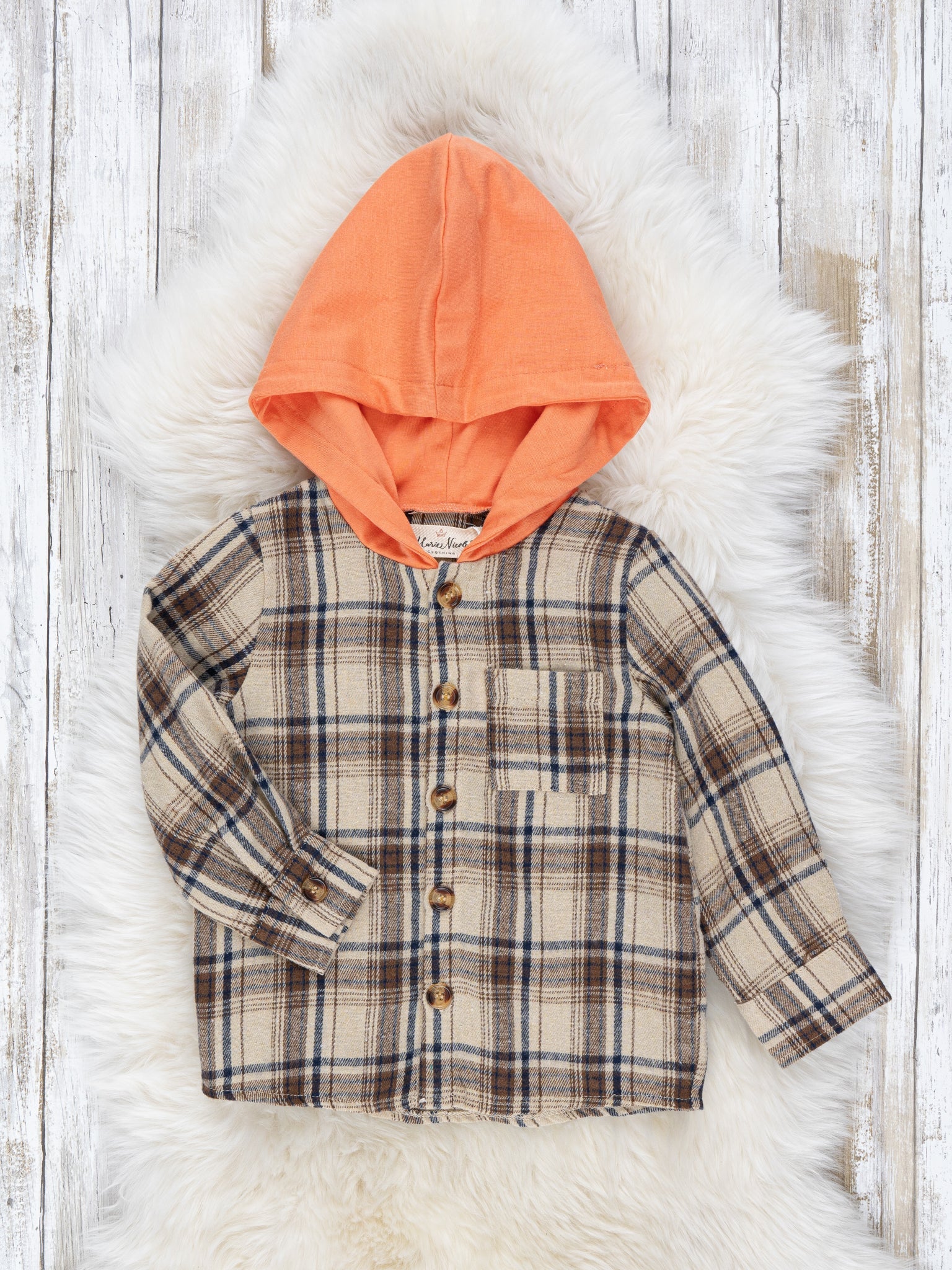 Orange Hooded Brown Plaid Shacket - Marie Nicole Clothing