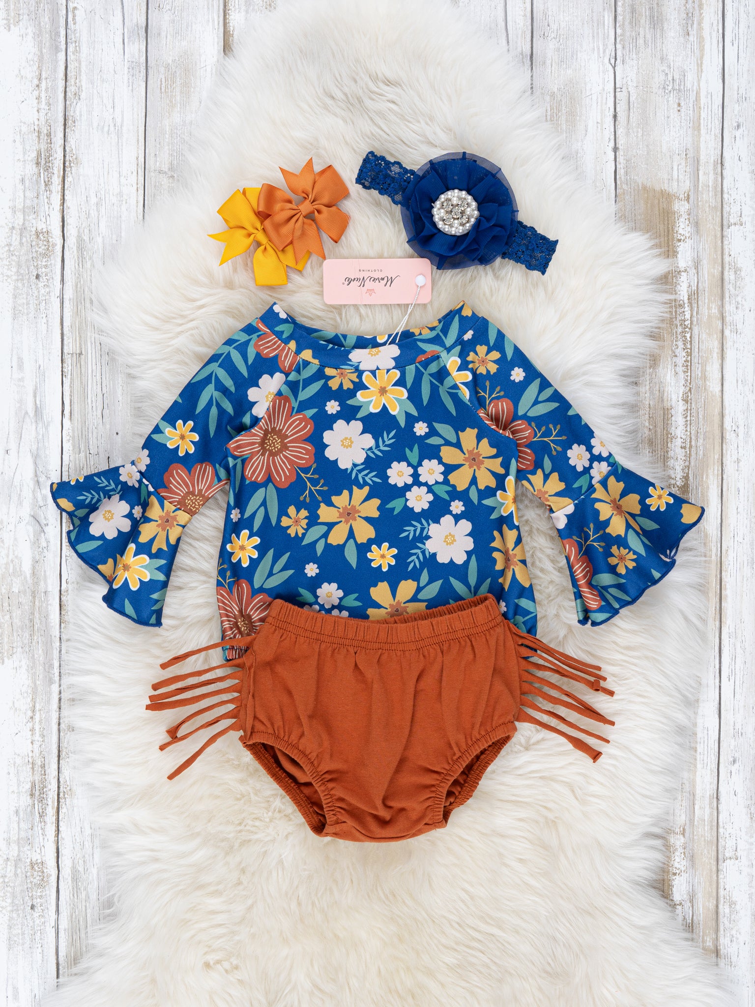 Royal Blue & Sepia Floral Fringe Romper Outfit - Marie Nicole Clothing