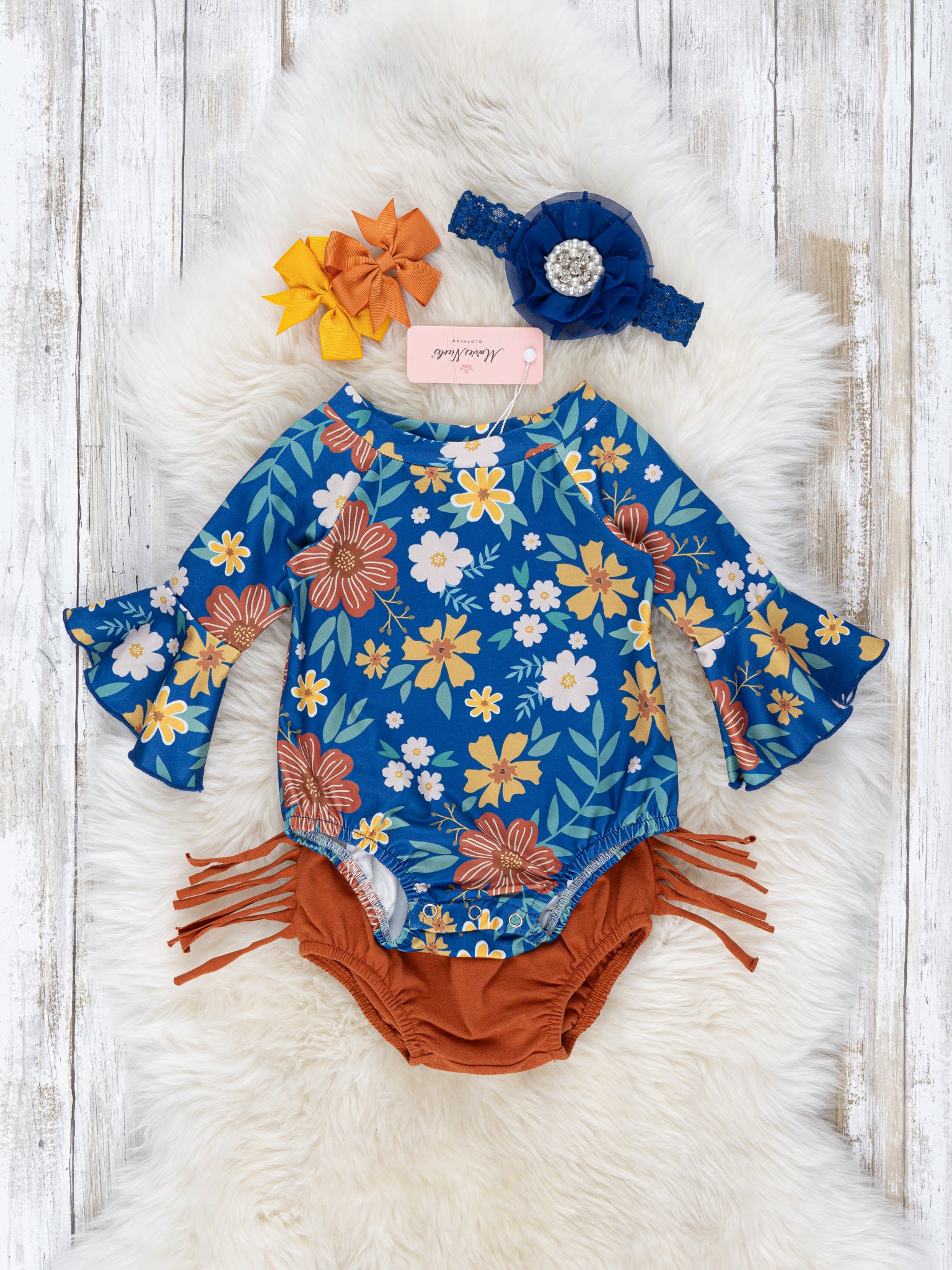 Royal Blue & Sepia Floral Fringe Romper Outfit - Marie Nicole Clothing