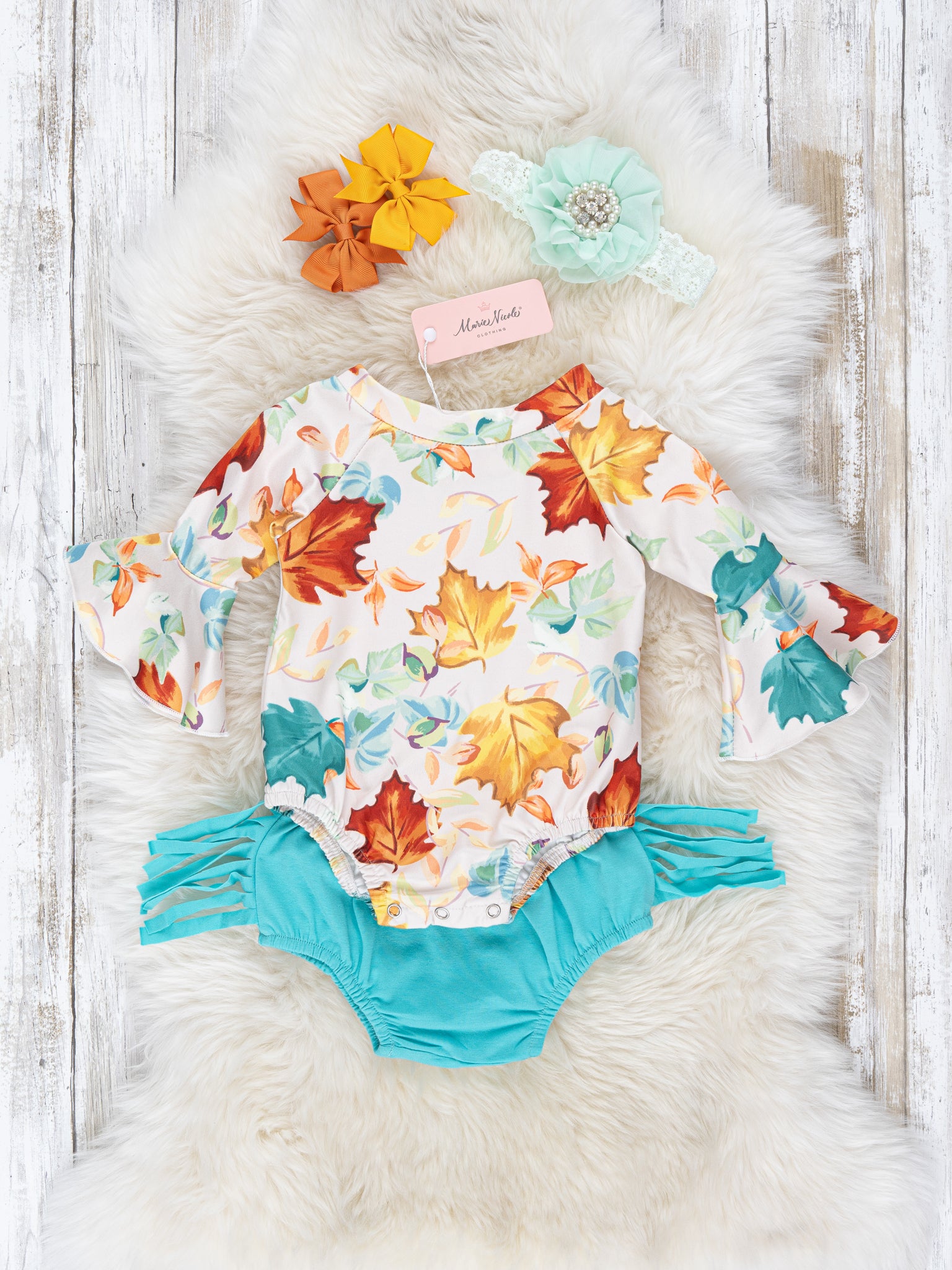 Teal Fall Leaves Fringe Romper Outfit - Marie Nicole Clothing