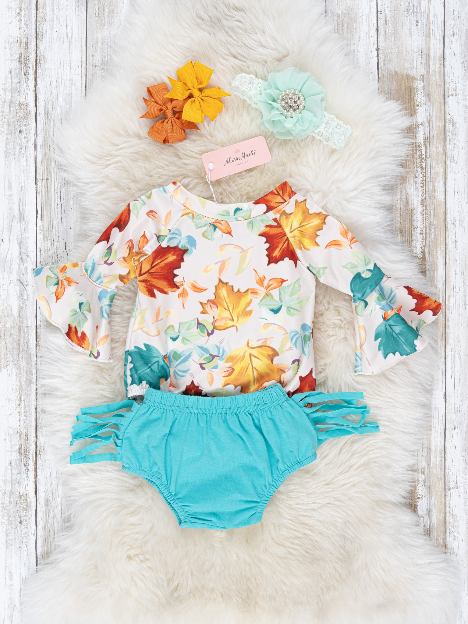 Teal Fall Leaves Fringe Romper Outfit - Marie Nicole Clothing