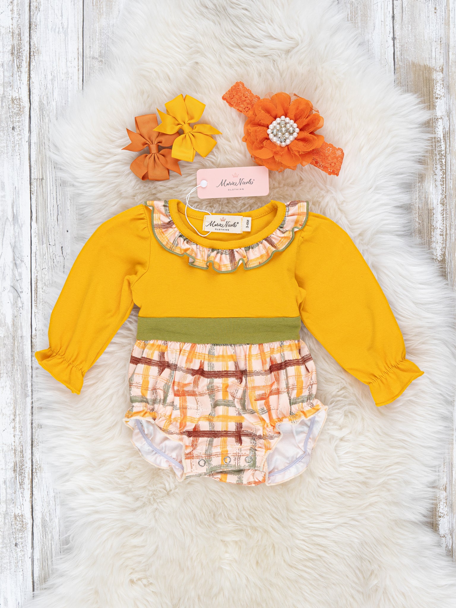 Yellow Autumn Plaid Ruffle Bubble Romper - Marie Nicole Clothing