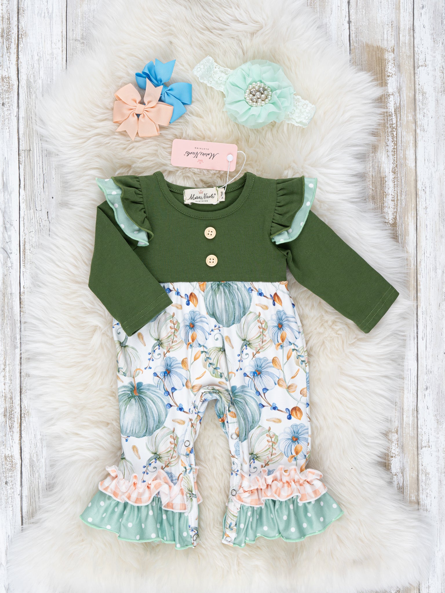 Hunter Green Pumpkins Ruffle Romper - Marie Nicole Clothing