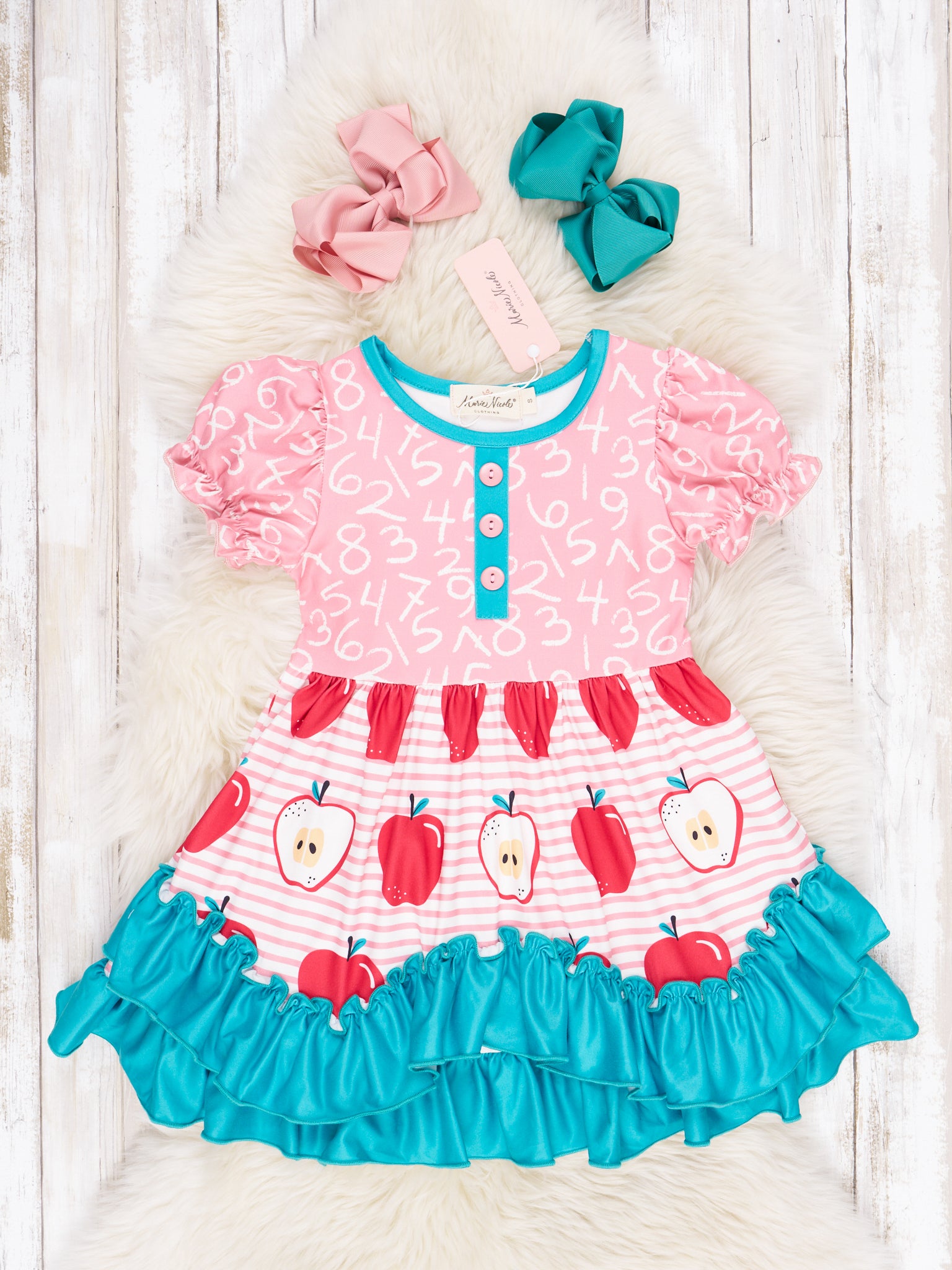 Apples & Numbers Ruffle Dress - Marie Nicole Clothing