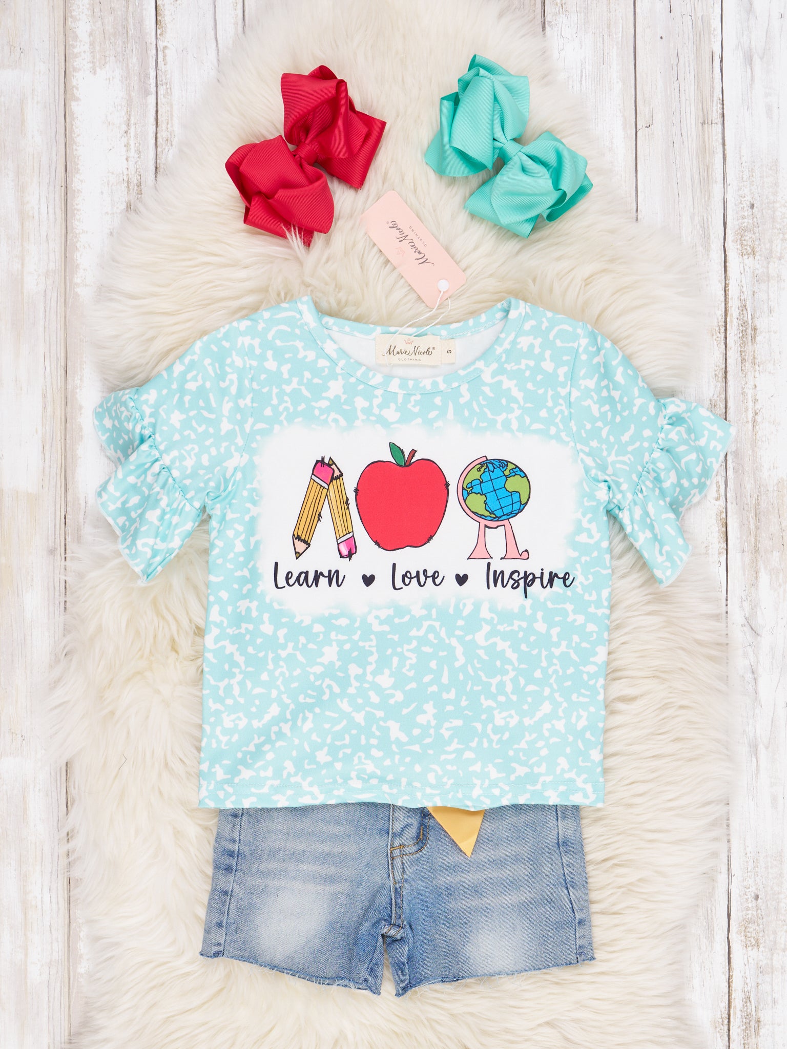 "Learn, Love, Inspire" Ruffle Denim Outfit - Marie Nicole Clothing