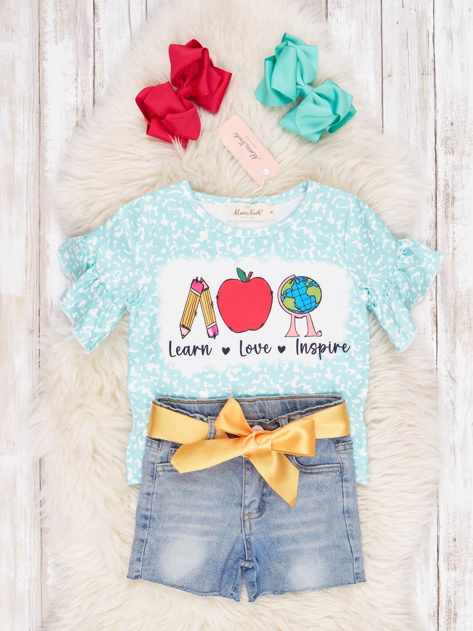 "Learn, Love, Inspire" Ruffle Denim Outfit - Marie Nicole Clothing