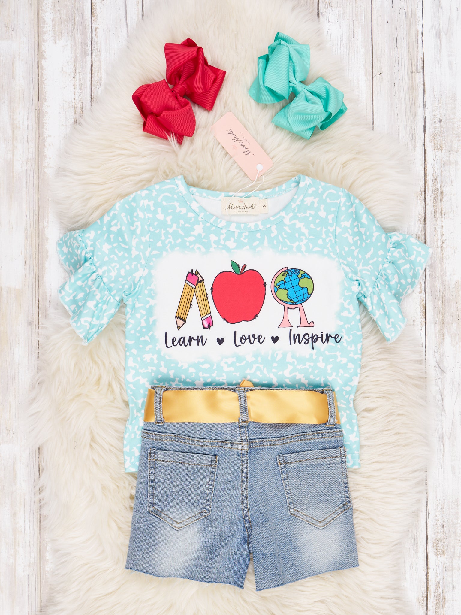 "Learn, Love, Inspire" Ruffle Denim Outfit - Marie Nicole Clothing