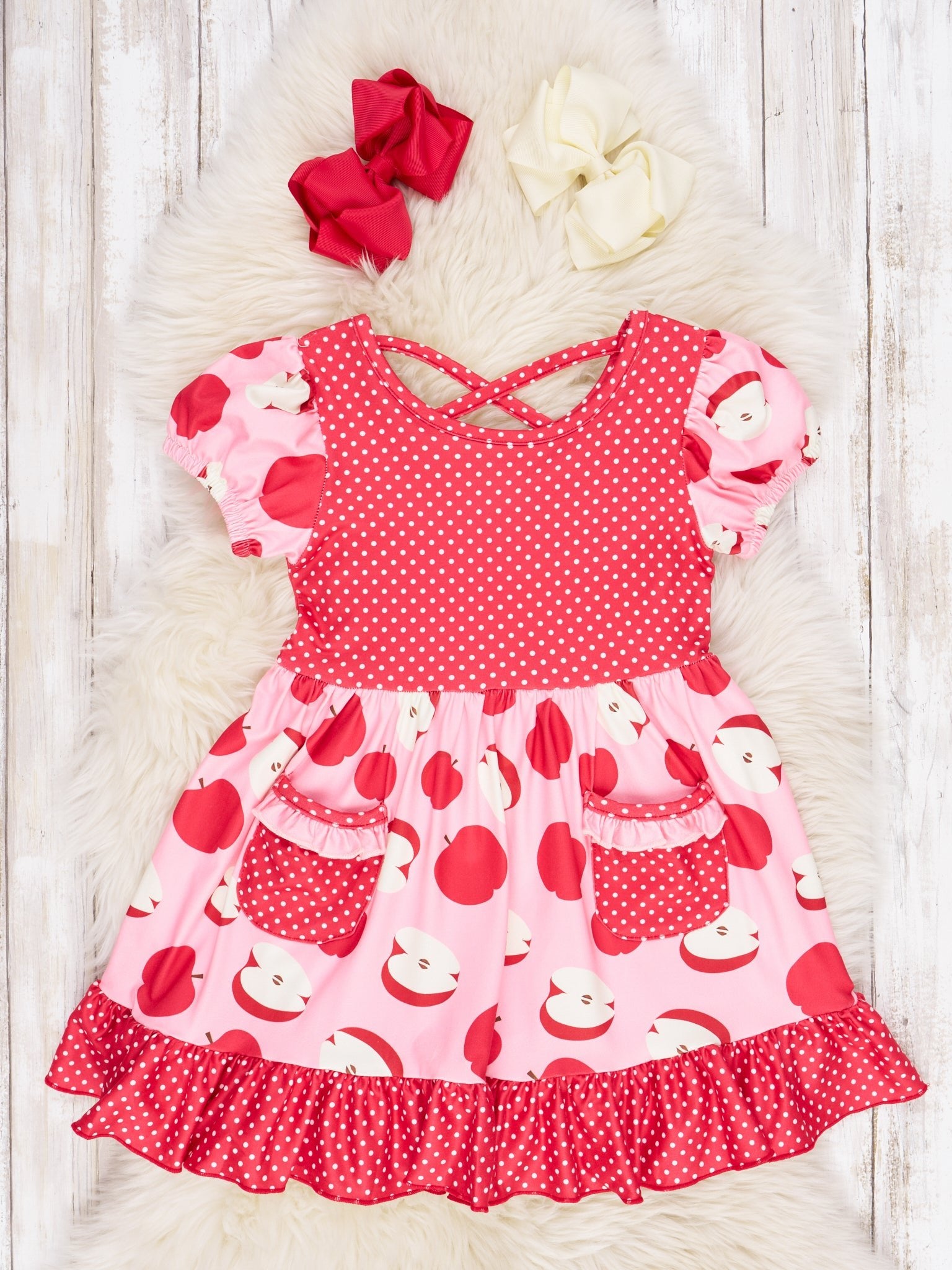 Polka Dot Apple Pocket Ruffle Dress - Marie Nicole Clothing
