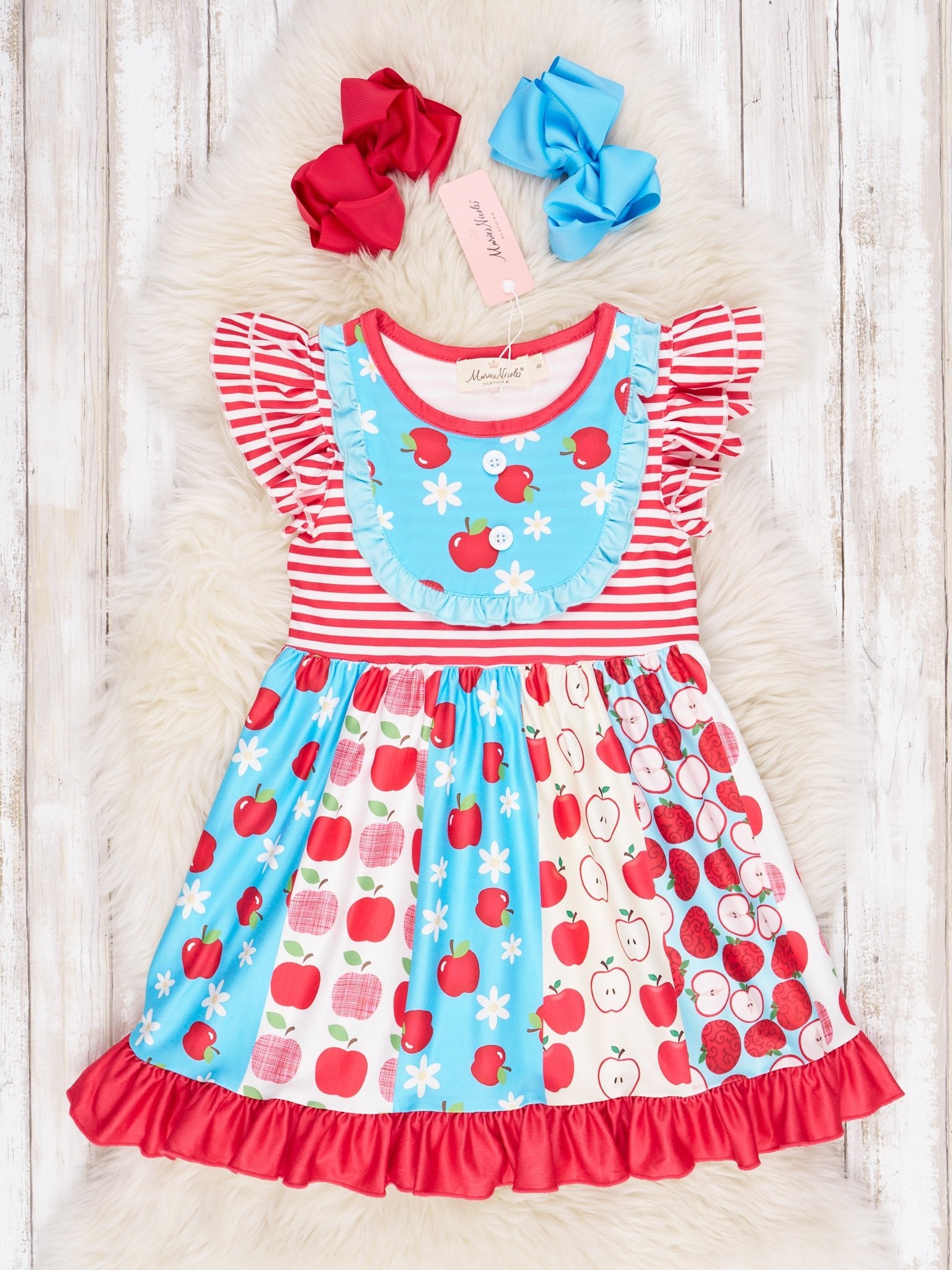 Red & Blue Apple Ruffle Tie Dress - Marie Nicole Clothing