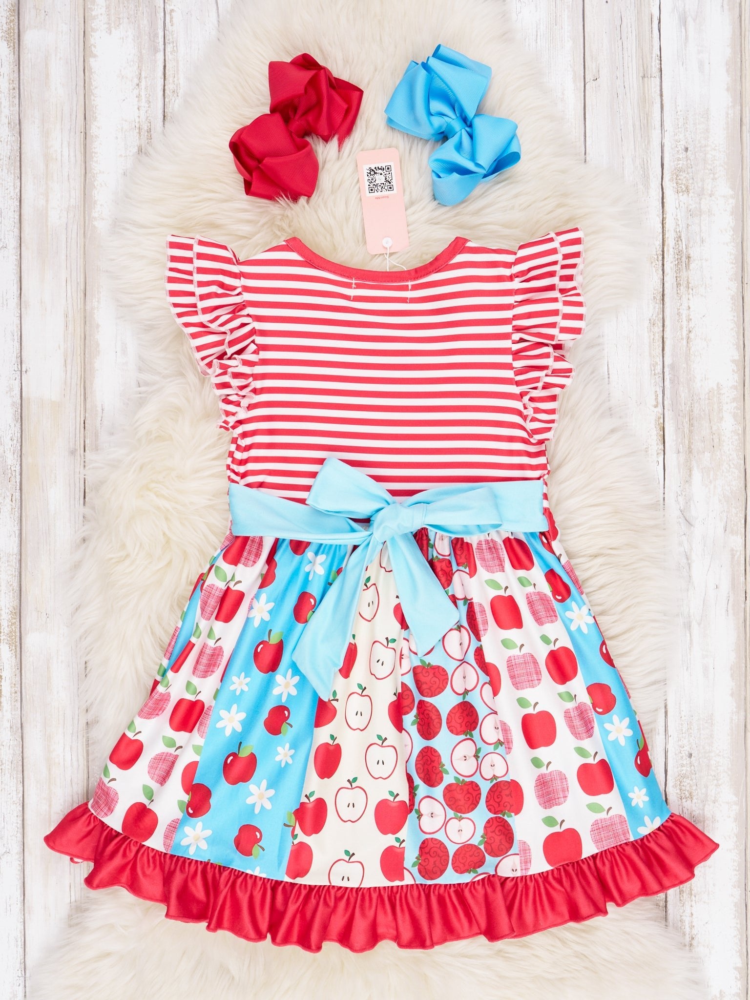 Red & Blue Apple Ruffle Tie Dress - Marie Nicole Clothing