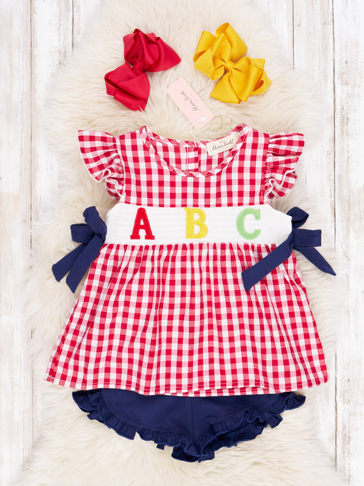 Smocked ABC Gingham Ruffle Outfit - Marie Nicole Clothing