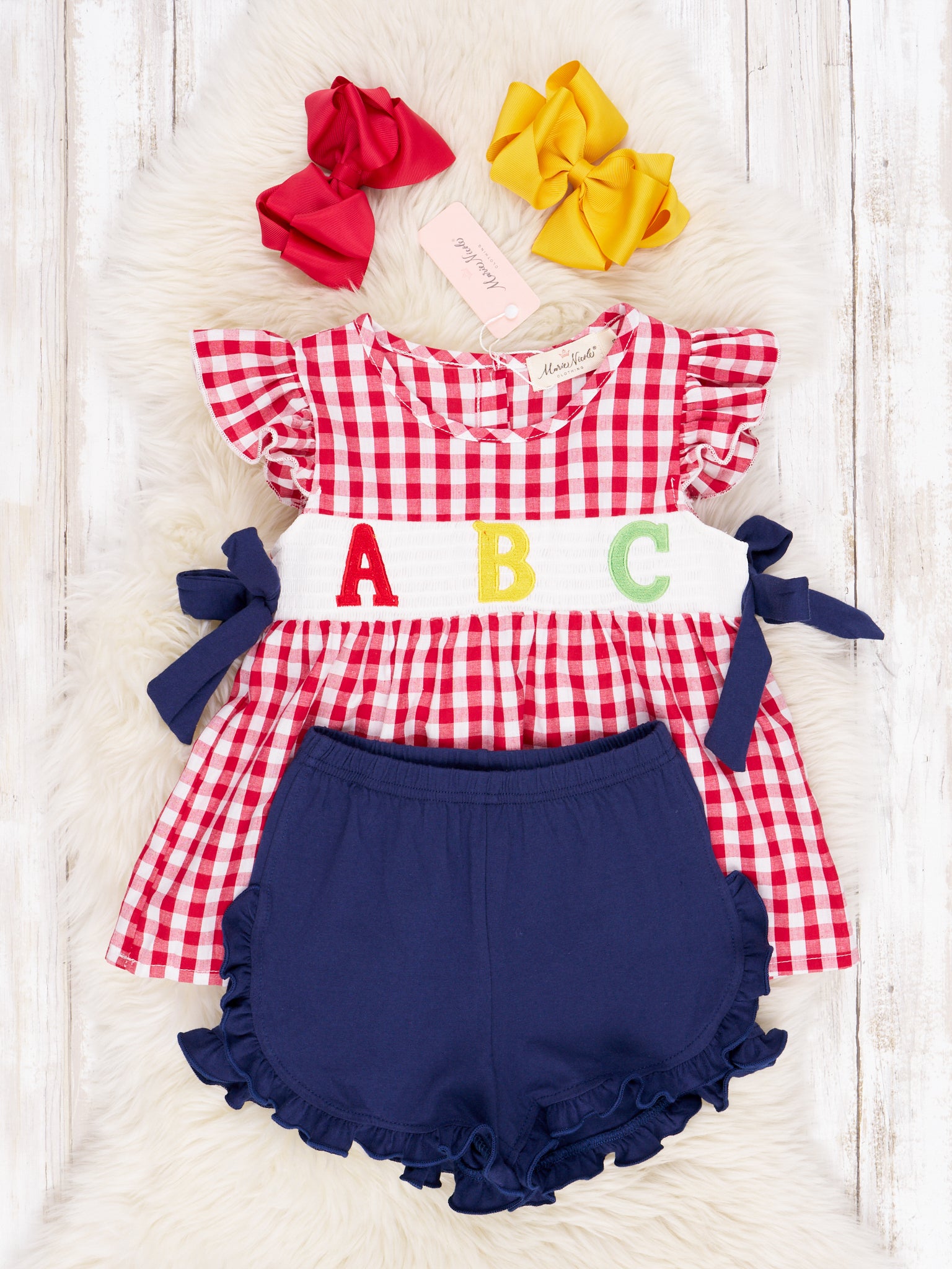 Smocked ABC Gingham Ruffle Outfit - Marie Nicole Clothing