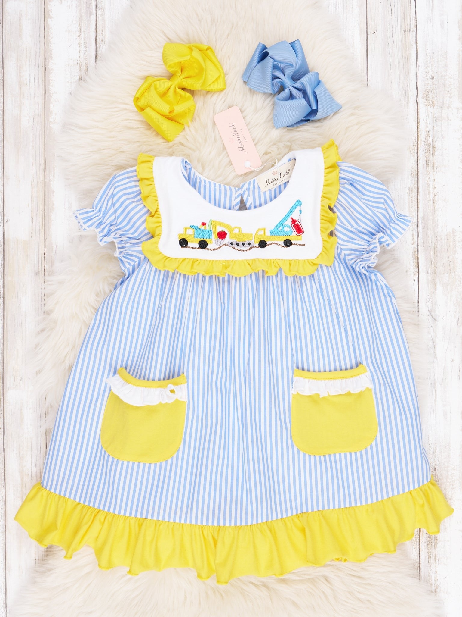 School Construction Pinstriped Ruffle Dress - Marie Nicole Clothing
