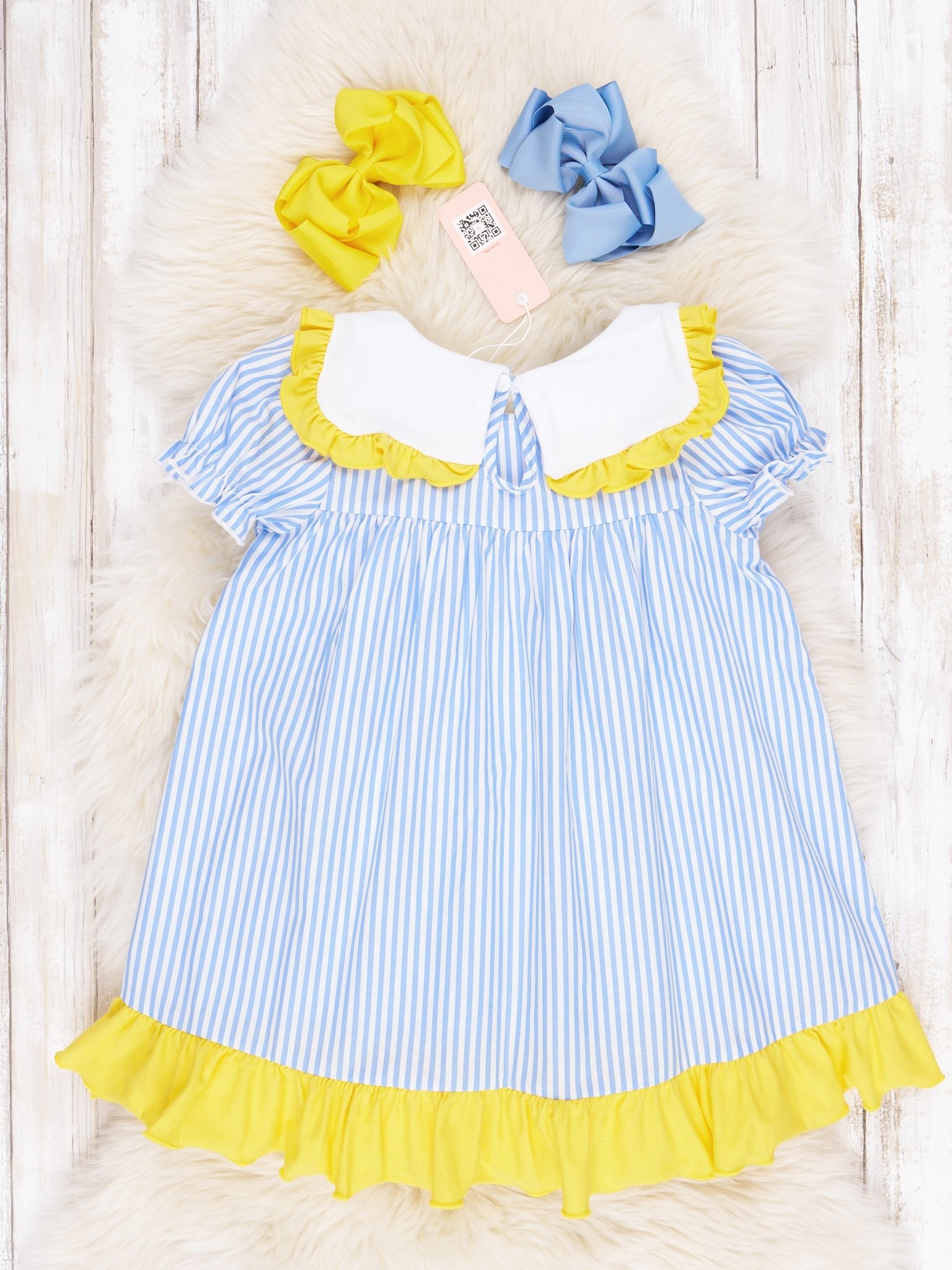 School Construction Pinstriped Ruffle Dress - Marie Nicole Clothing
