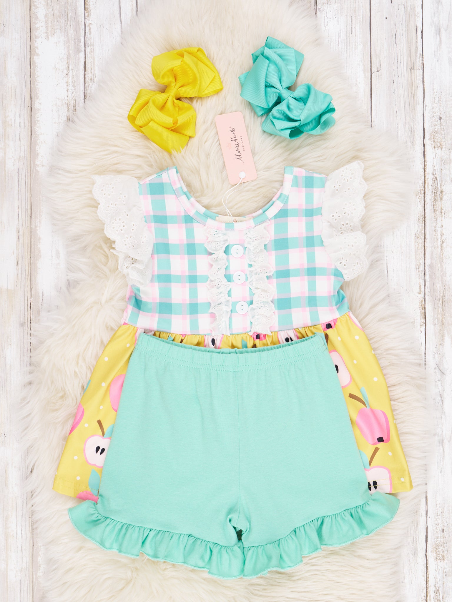 Plaid Apple Lace Ruffle Outfit - Marie Nicole Clothing