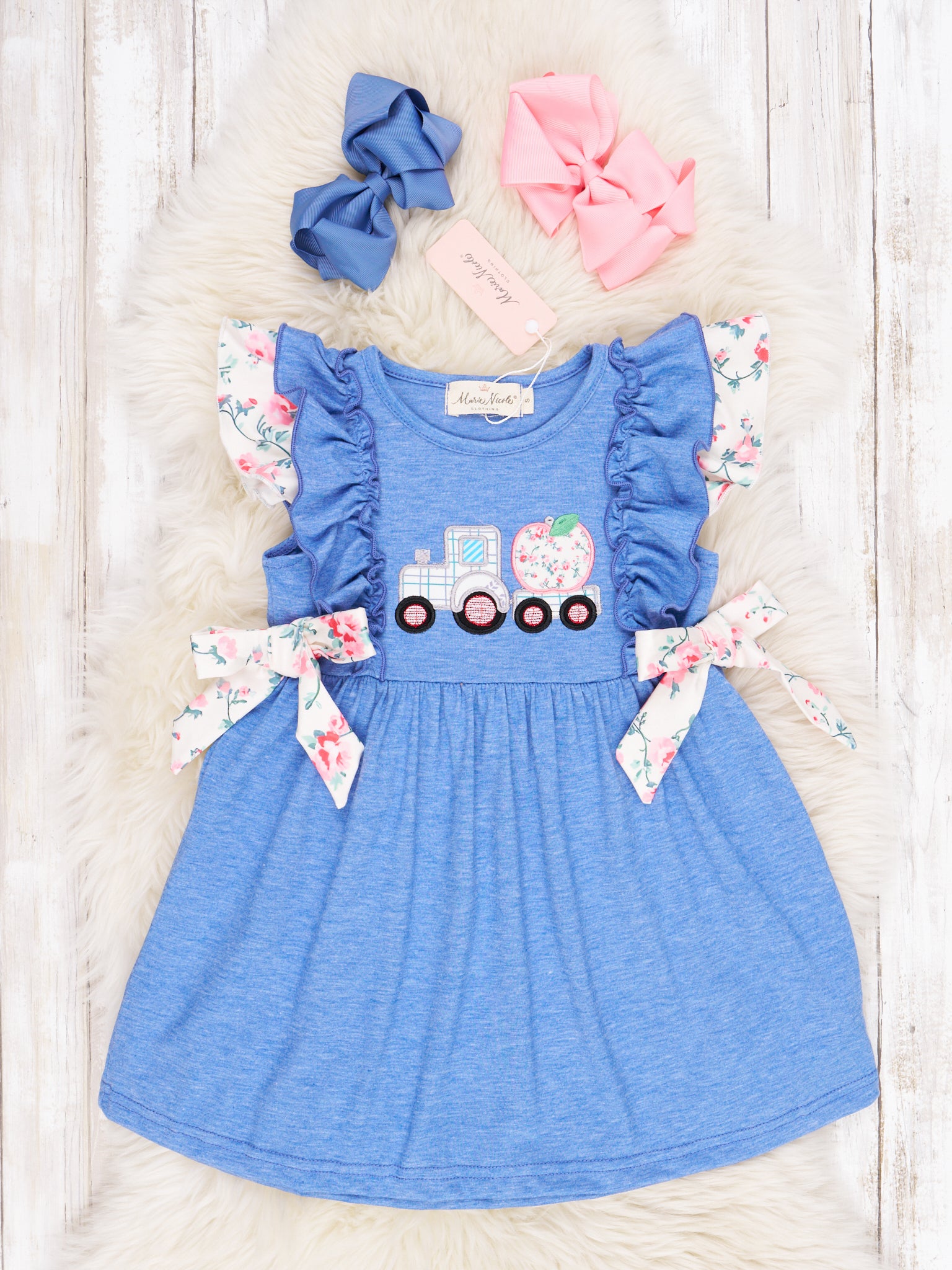 Floral Apple Tractor Ruffle Dress - Marie Nicole Clothing