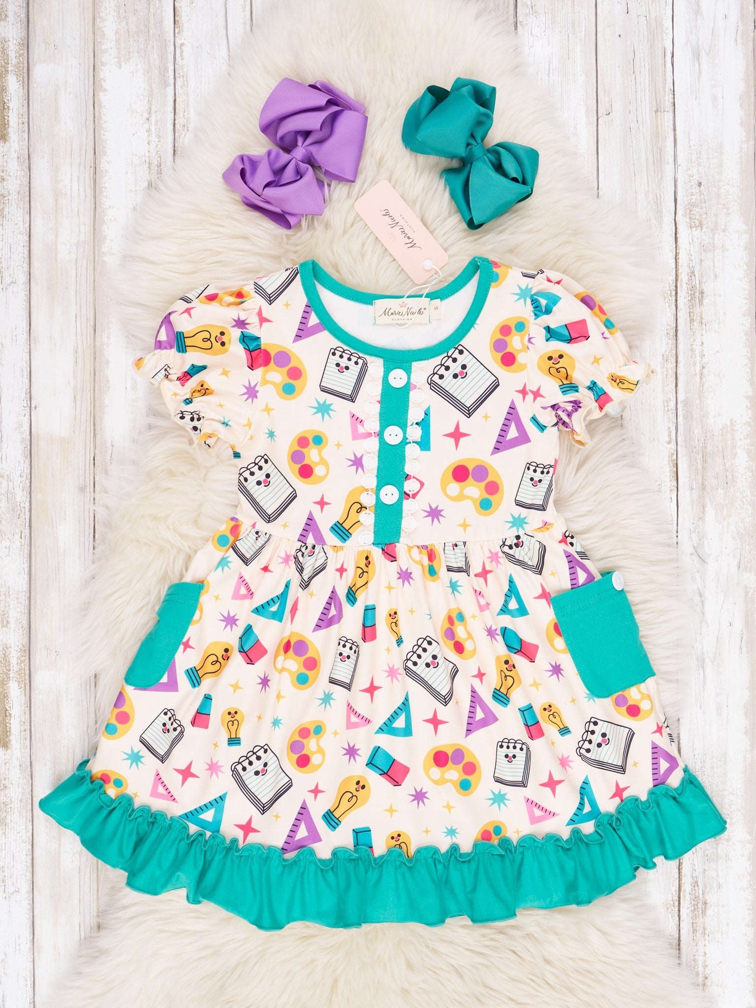 Teal Art Class Ruffle Dress - Marie Nicole Clothing