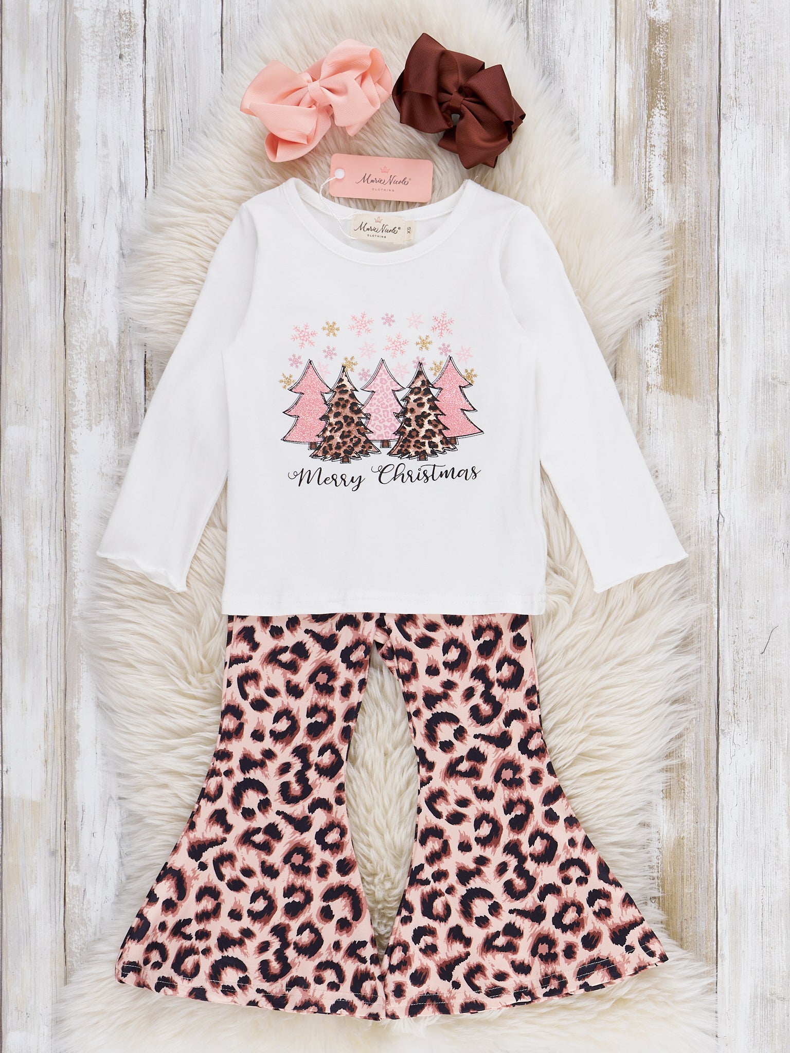 "Merry Christmas" Leopard Print Bell Bottom Outfit - Marie Nicole Clothing