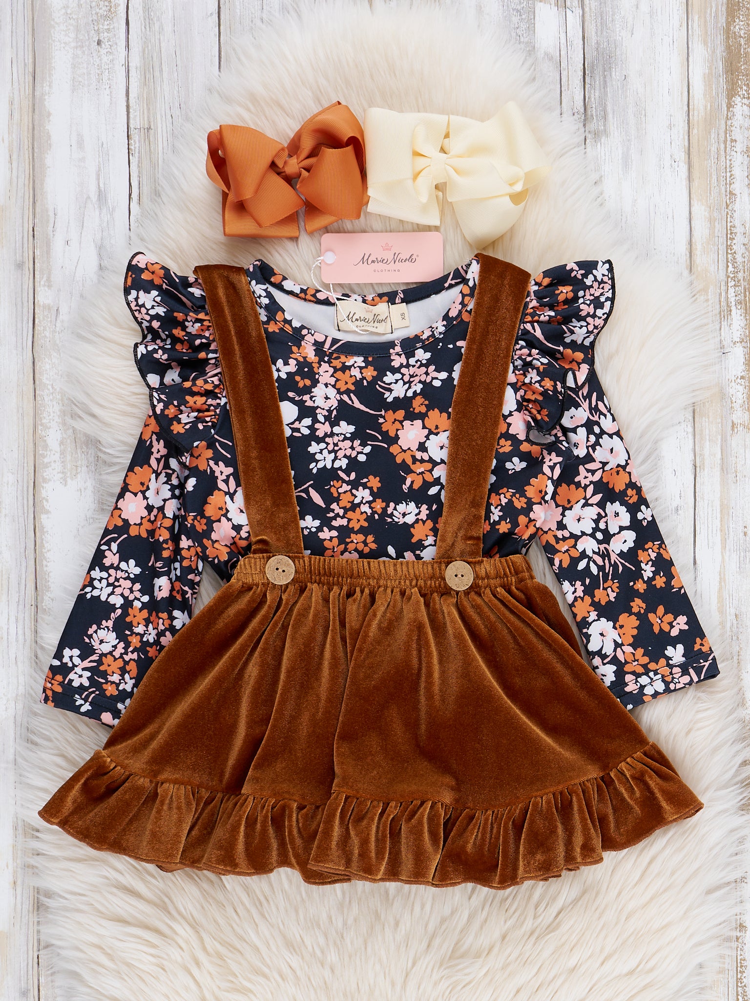 Black & Bronze Floral Velvet Ruffle Skirtall Set - Marie Nicole Clothing