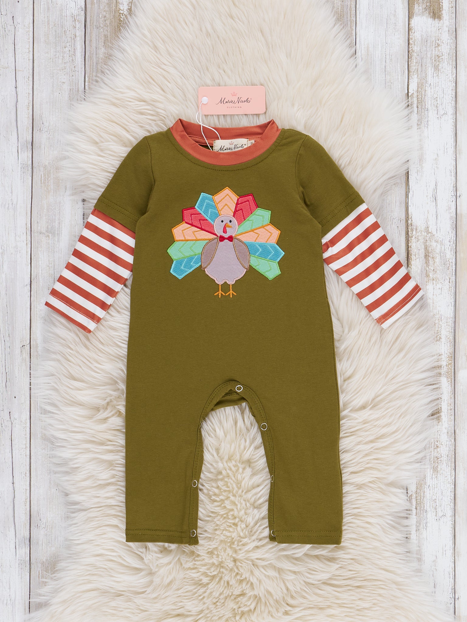 Embroidered Striped Turkey Romper - Marie Nicole Clothing