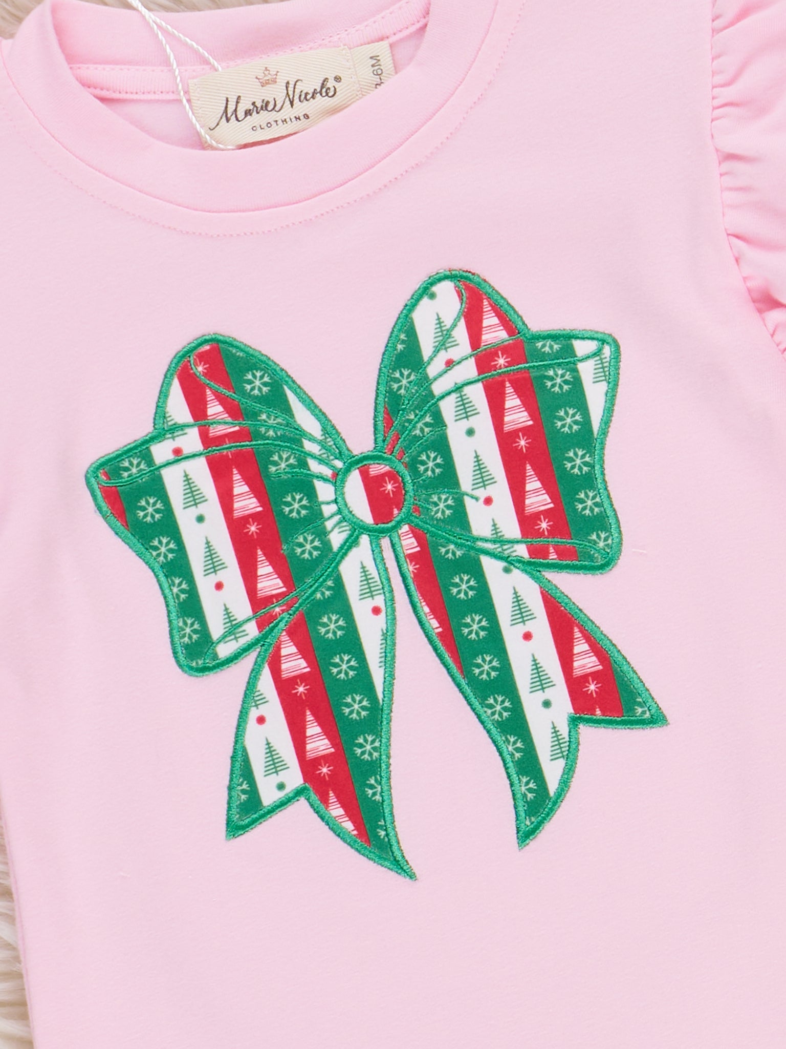 Christmas Bow Embroidered Ruffle Romper - Marie Nicole Clothing