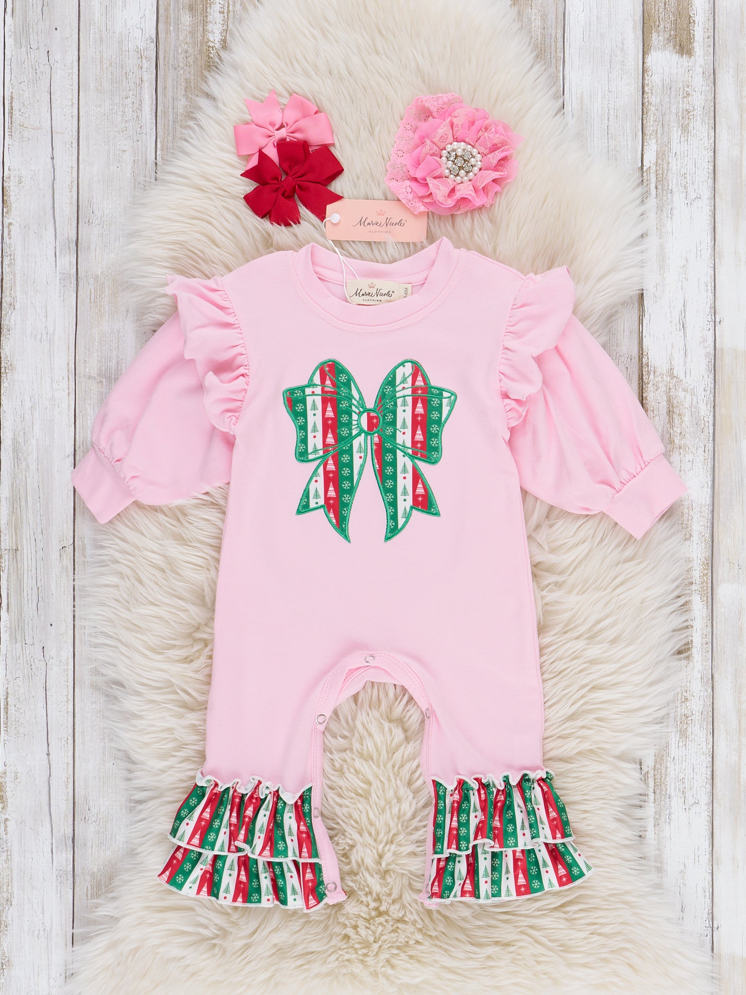 Christmas Bow Embroidered Ruffle Romper - Marie Nicole Clothing