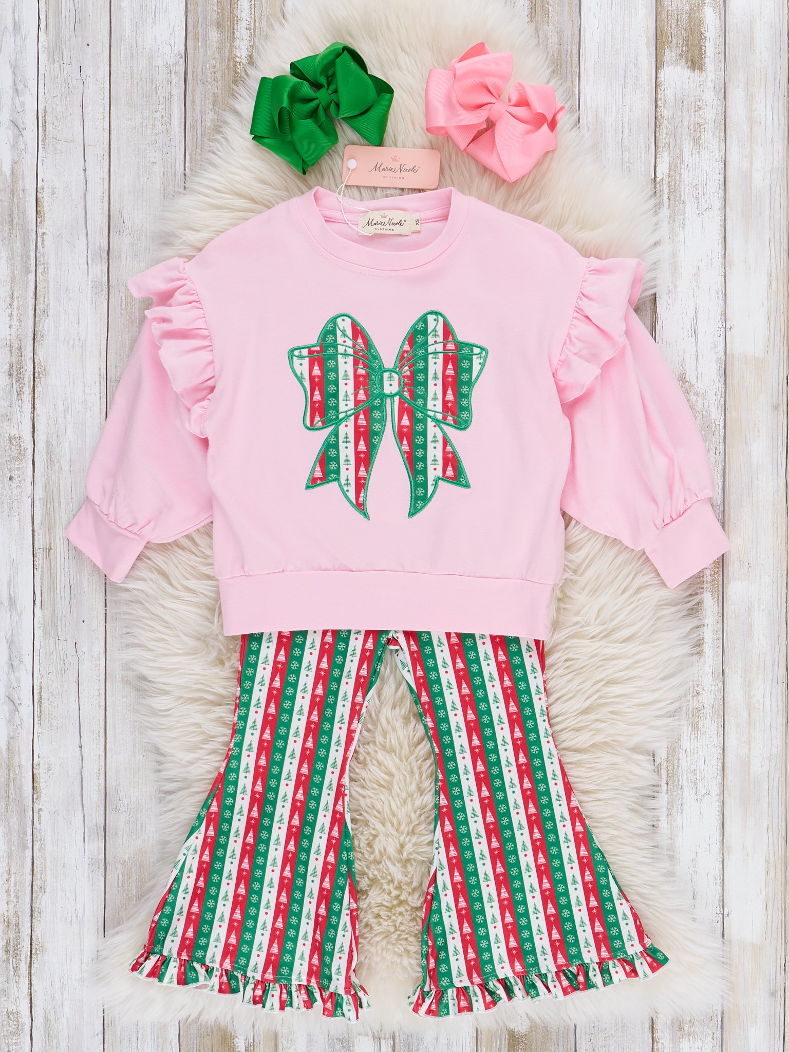 Christmas Bow Embroidered Ruffle Bell Bottom Outfit - Marie Nicole Clothing