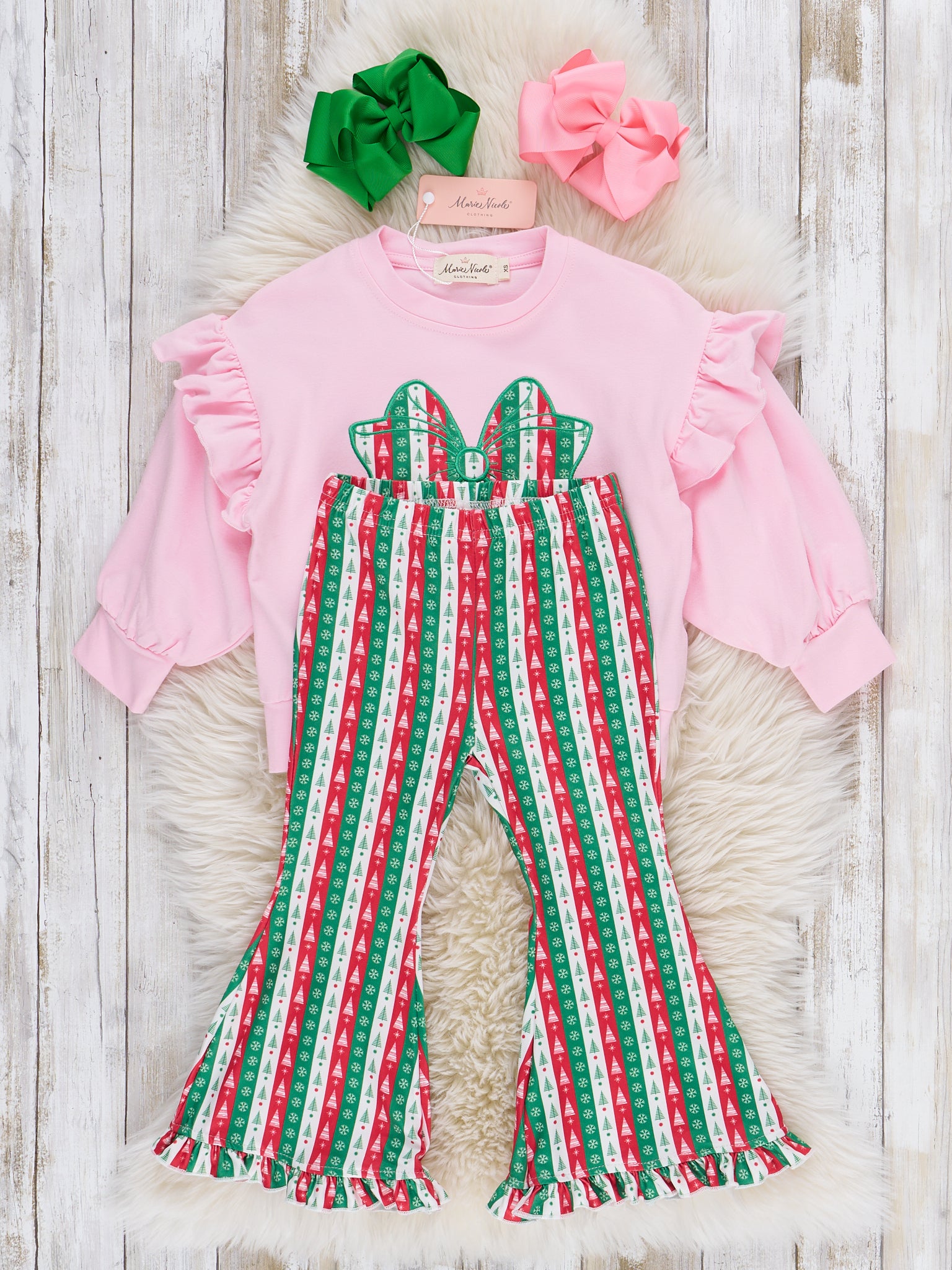 Christmas Bow Embroidered Ruffle Bell Bottom Outfit - Marie Nicole Clothing
