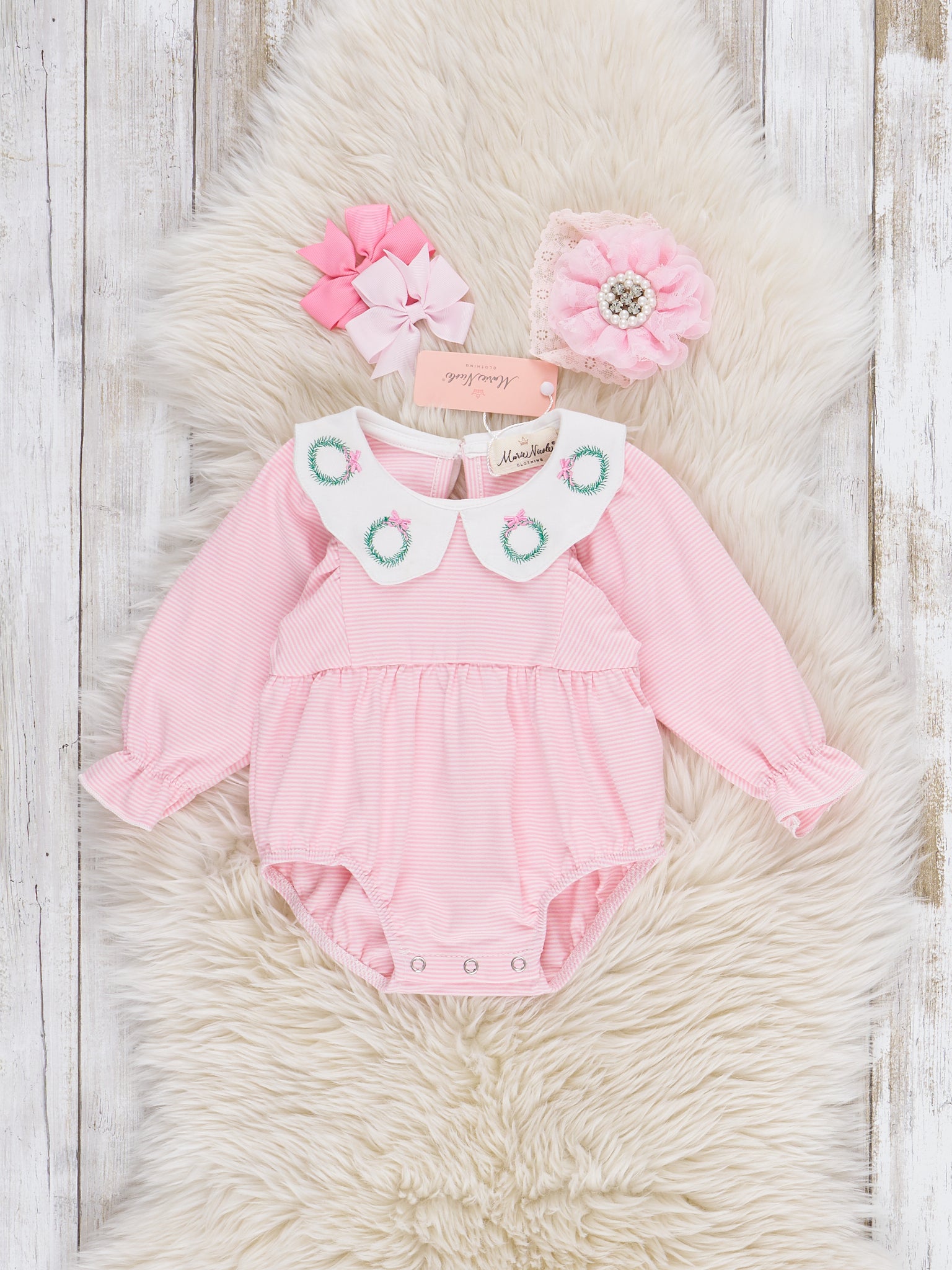 Holiday Wreath Scallop Collar Bubble Romper - Marie Nicole Clothing