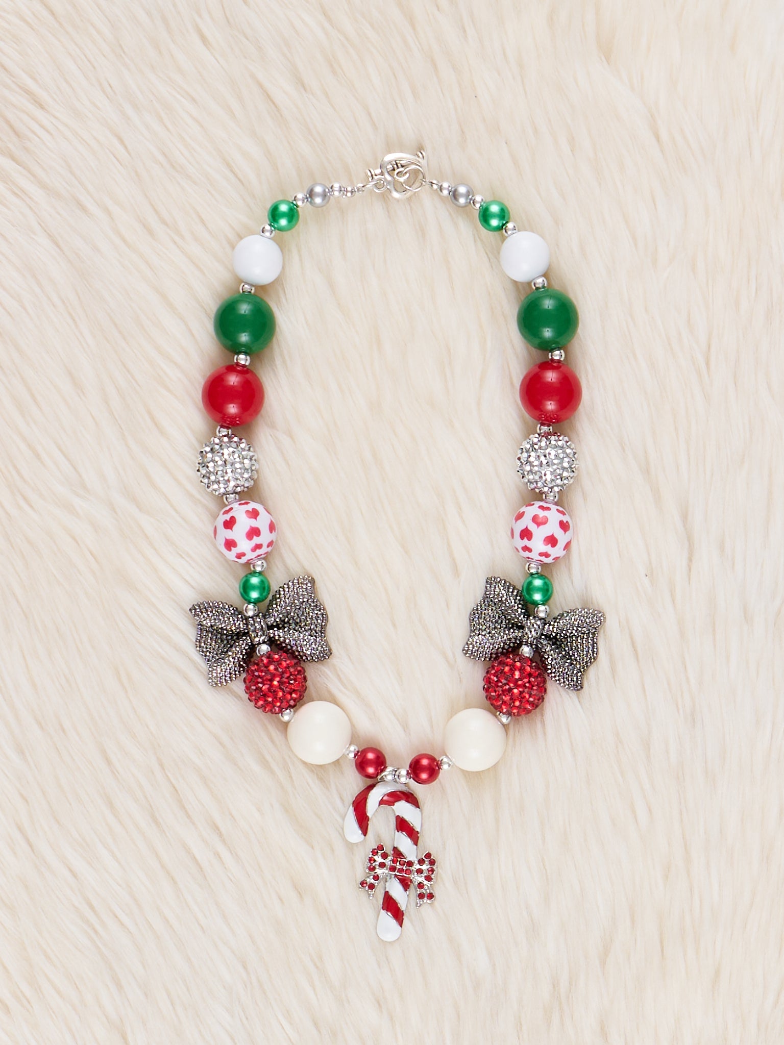 Candy Cane Bow Bubblegum Necklace - Marie Nicole Clothing