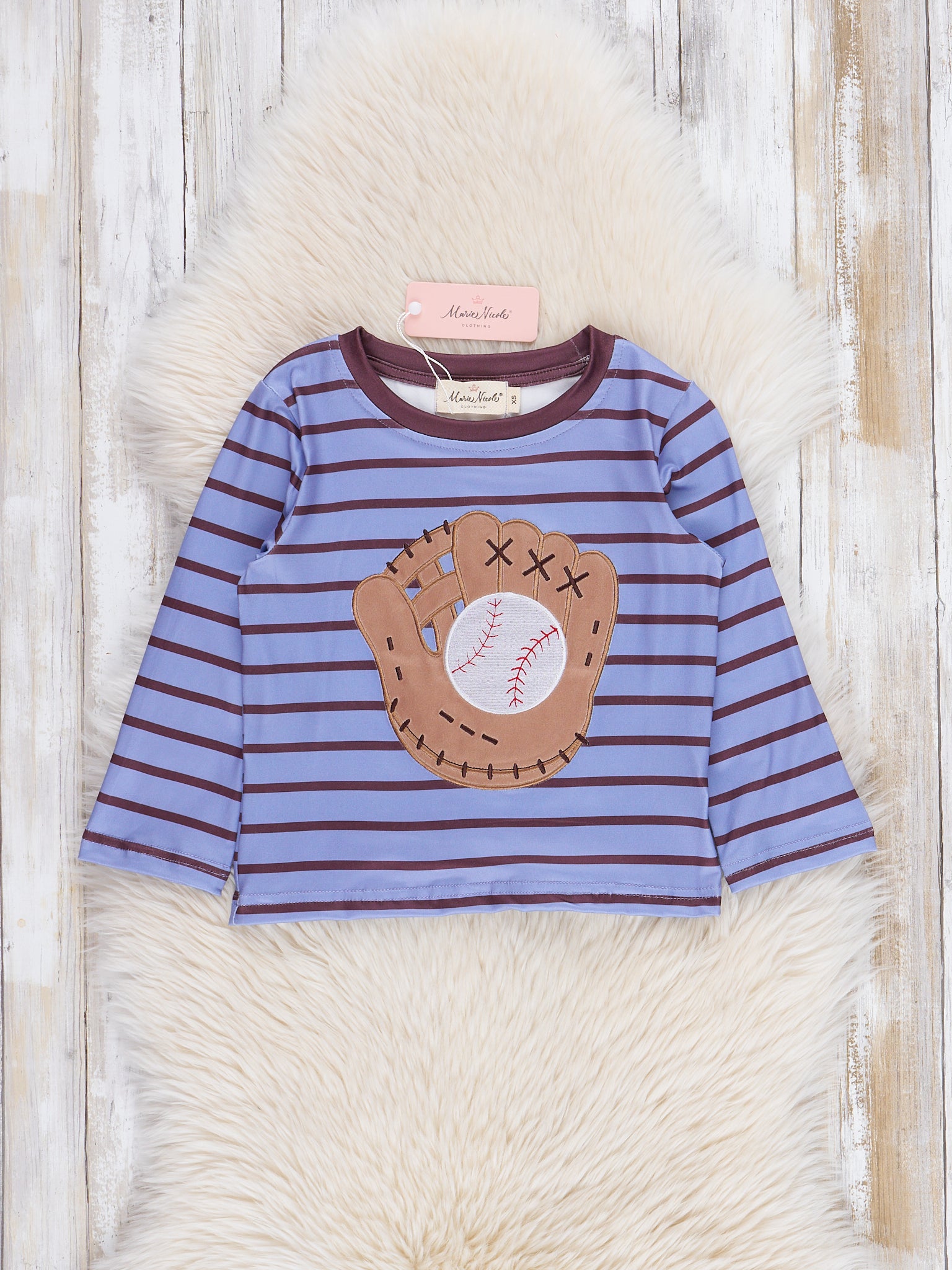 Blue & Brown Striped Baseball Glove Shirt - Marie Nicole Clothing