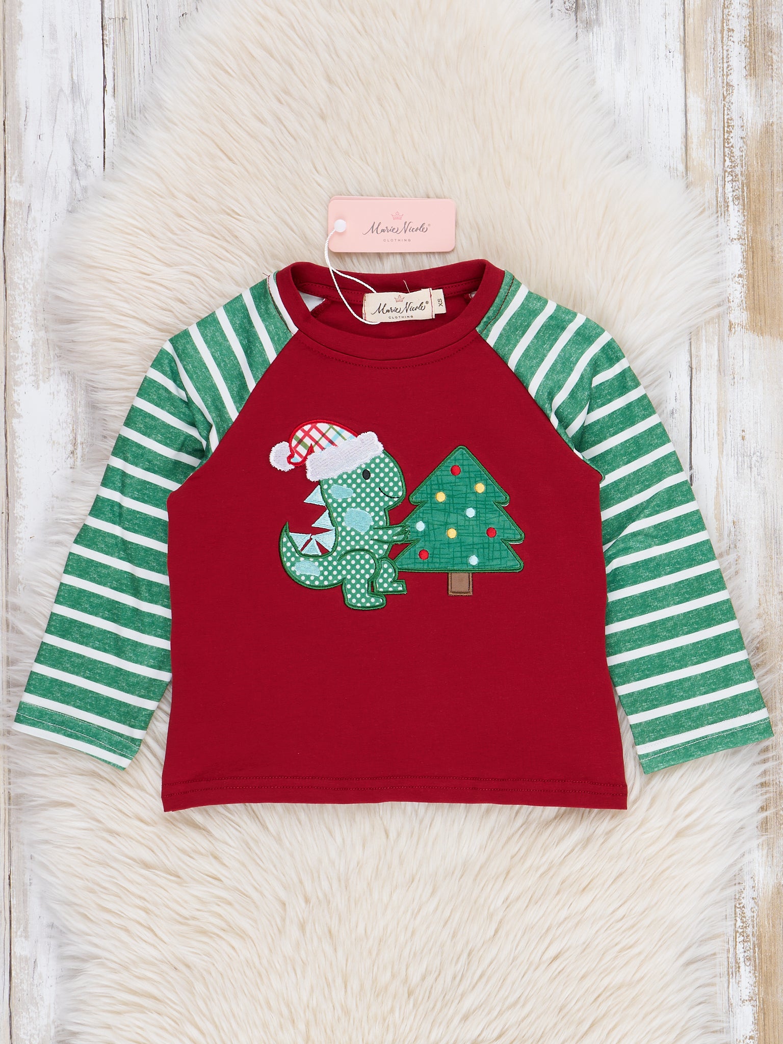 Holiday Dino Striped Raglan Shirt - Marie Nicole Clothing
