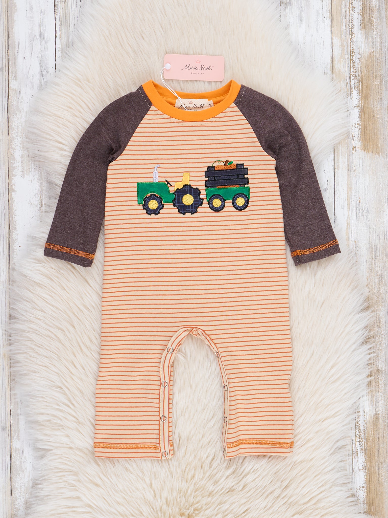 Striped Farm Truck Embroidered Pumpkin Romper - Marie Nicole Clothing