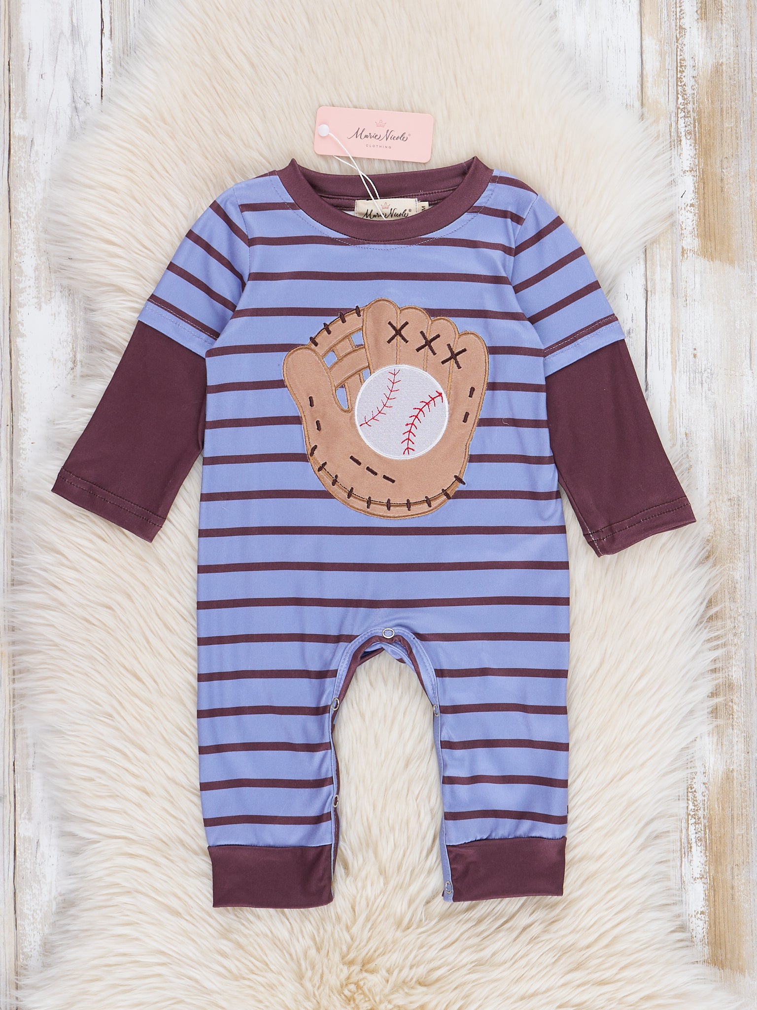 Blue & Brown Striped Baseball Glove Romper - Marie Nicole Clothing