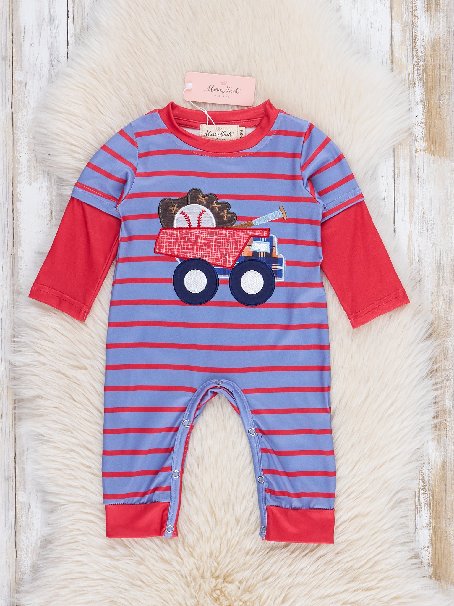Blue & Red Striped Baseball Truck Romper - Marie Nicole Clothing