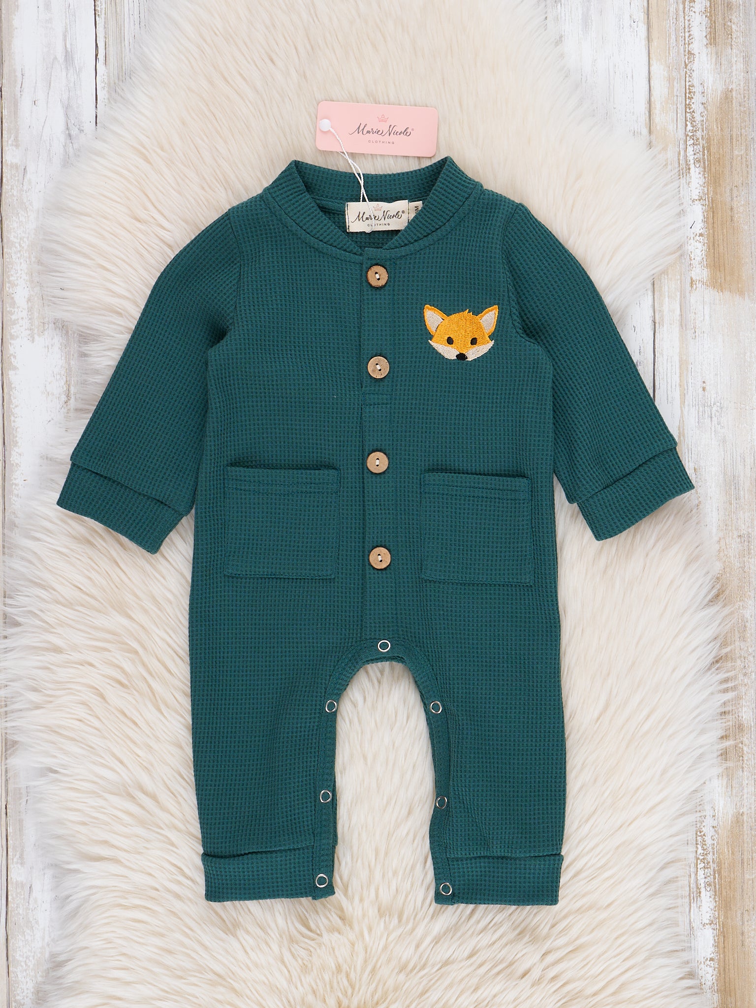 Hunter Green Embroidered Little Fox Romper - Marie Nicole Clothing