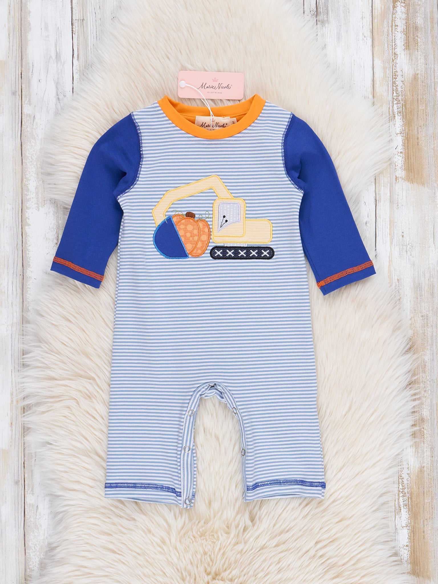 Striped Farm Truck Embroidered Pumpkin Romper - Marie Nicole Clothing