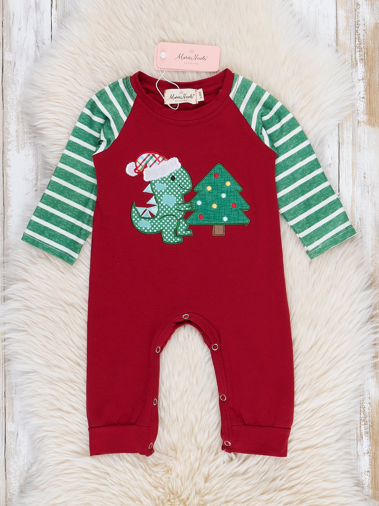 Holiday Dino Striped Raglan Romper - Marie Nicole Clothing