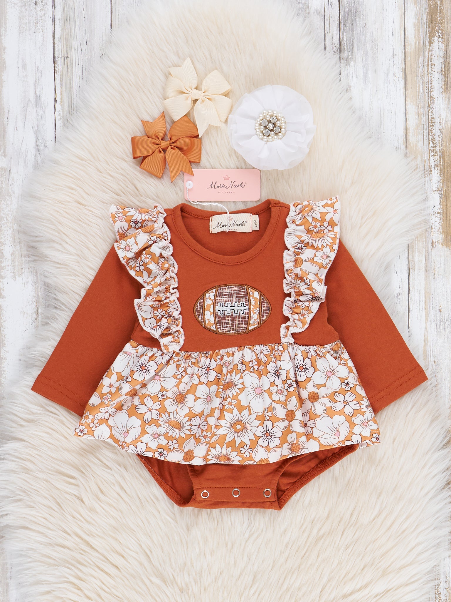 Bronze Floral Embroidered Football Ruffle Bubble Romper - Marie Nicole Clothing