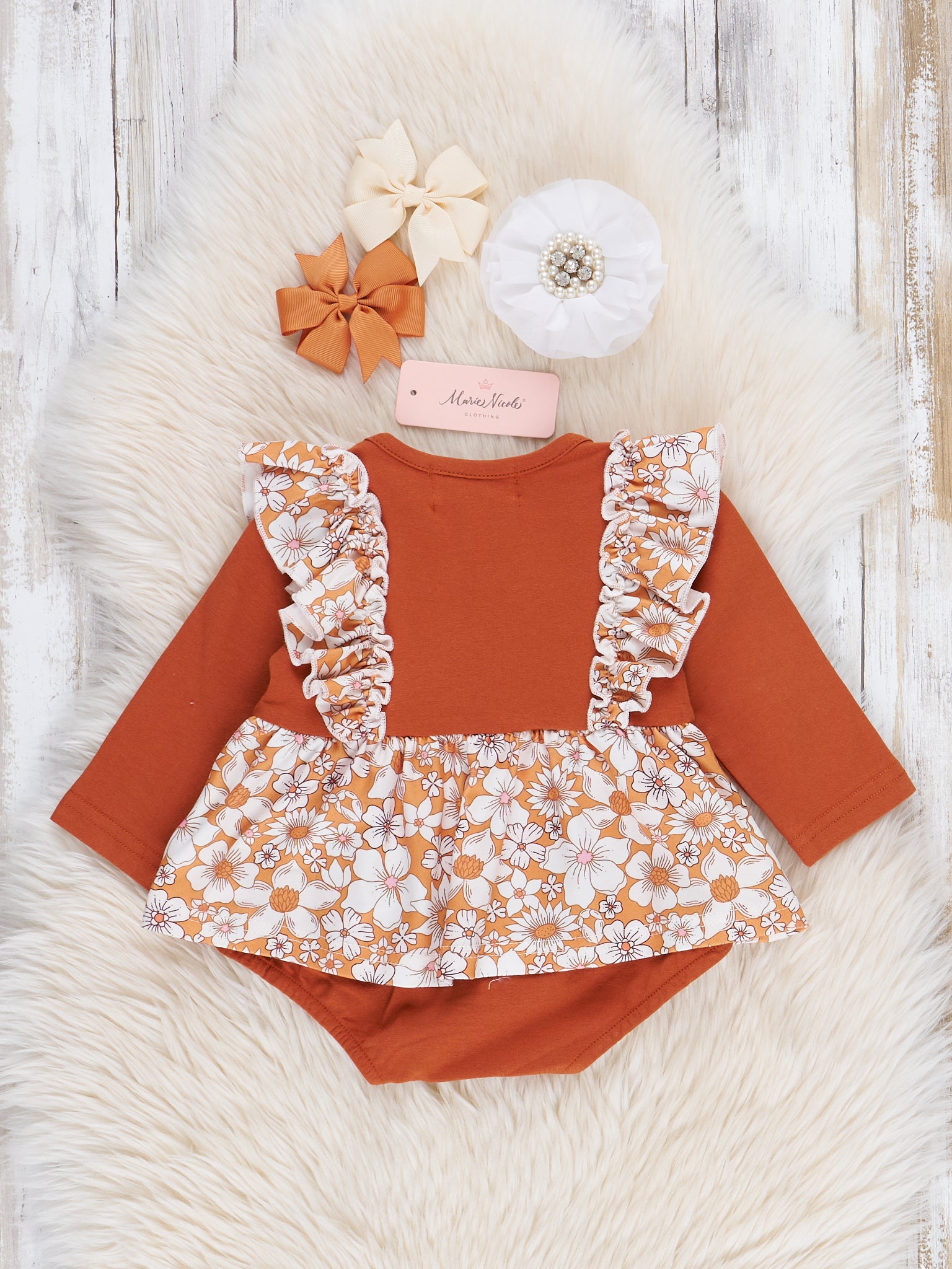Bronze Floral Embroidered Football Ruffle Bubble Romper - Marie Nicole Clothing