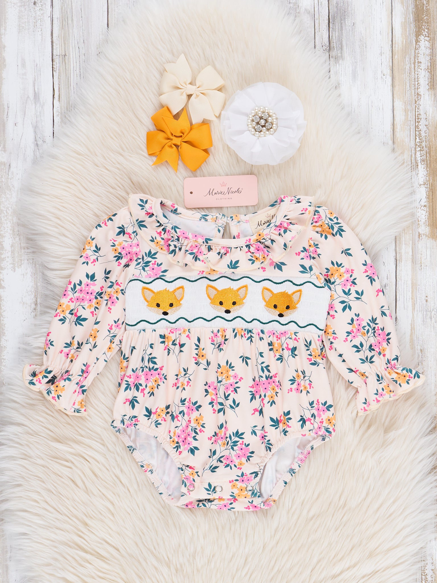 Hunter Green Floral Smocked Little Fox Bubble Romper - Marie Nicole Clothing