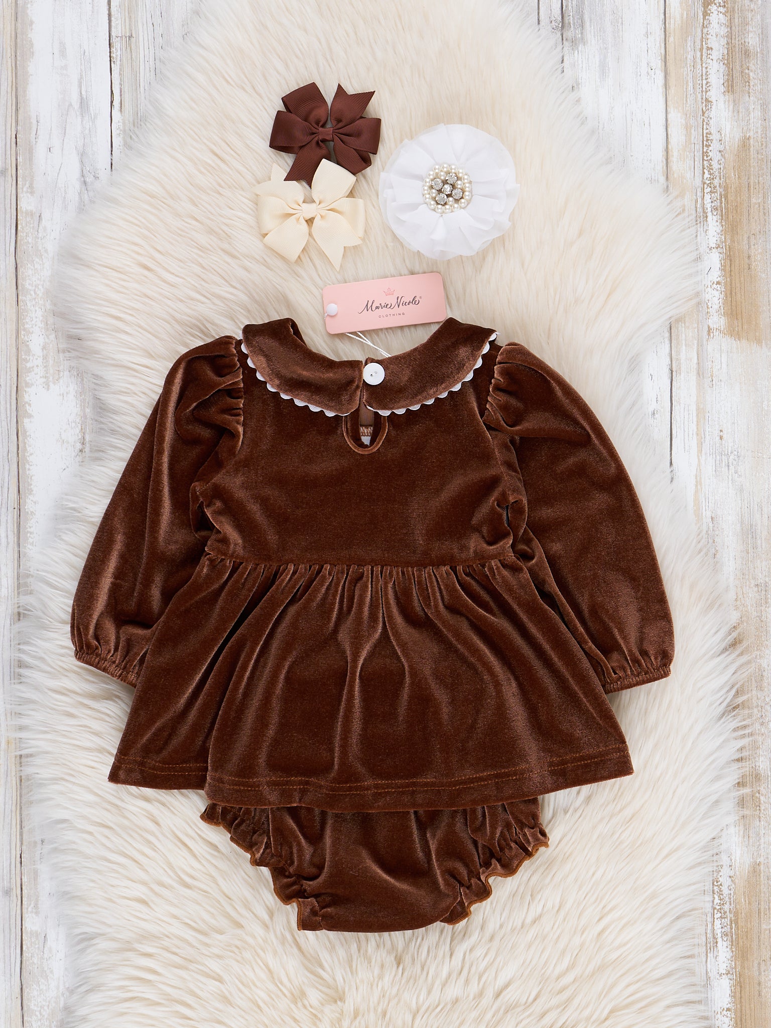 Brown Velvet Autumn Smocked Bloomers Outfit - Marie Nicole Clothing