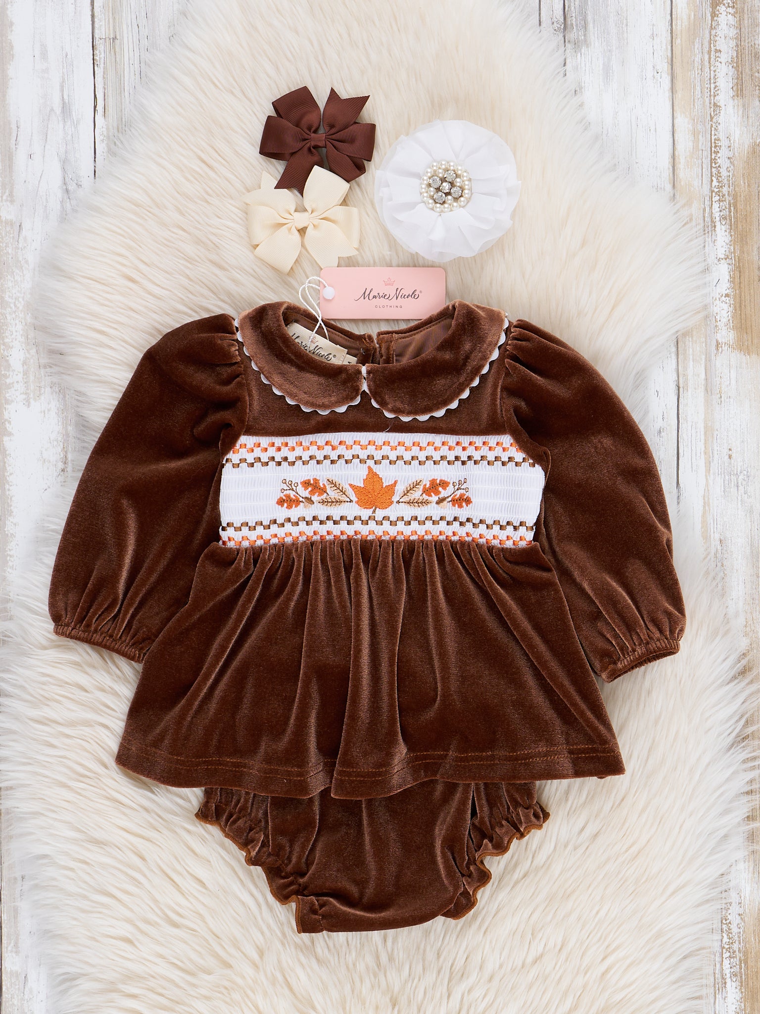 Brown Velvet Autumn Smocked Bloomers Outfit - Marie Nicole Clothing