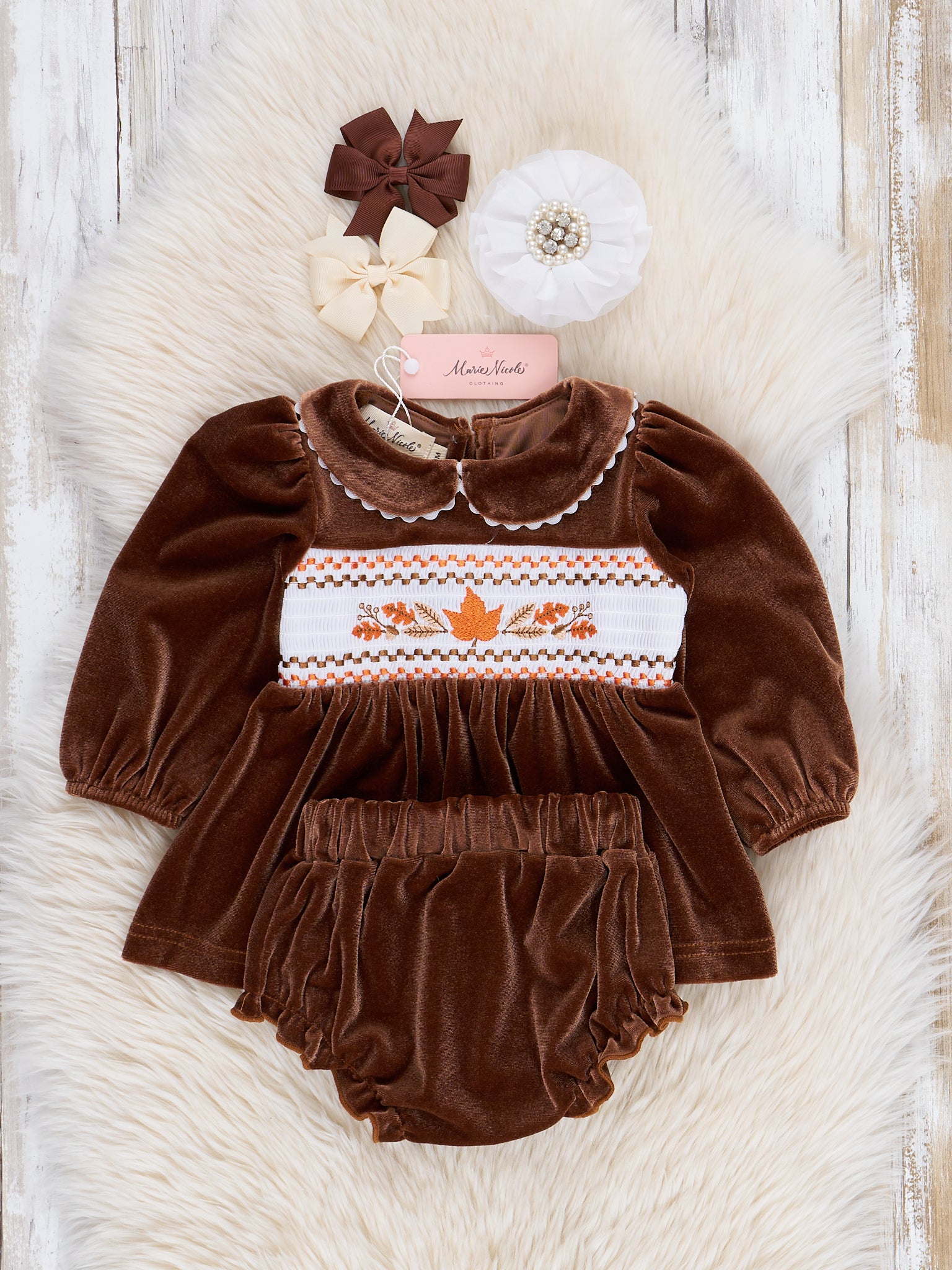 Brown Velvet Autumn Smocked Bloomers Outfit - Marie Nicole Clothing