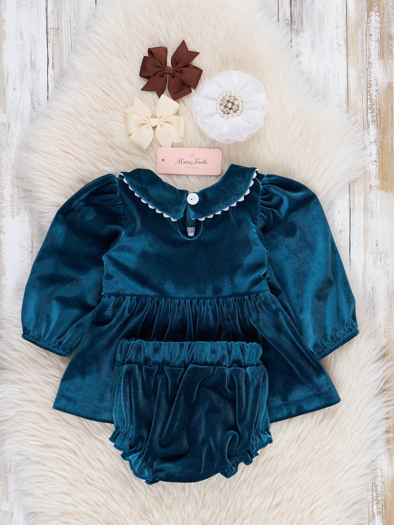 Turquoise Velvet Smocked Ponies Bloomers Outfit - Marie Nicole Clothing